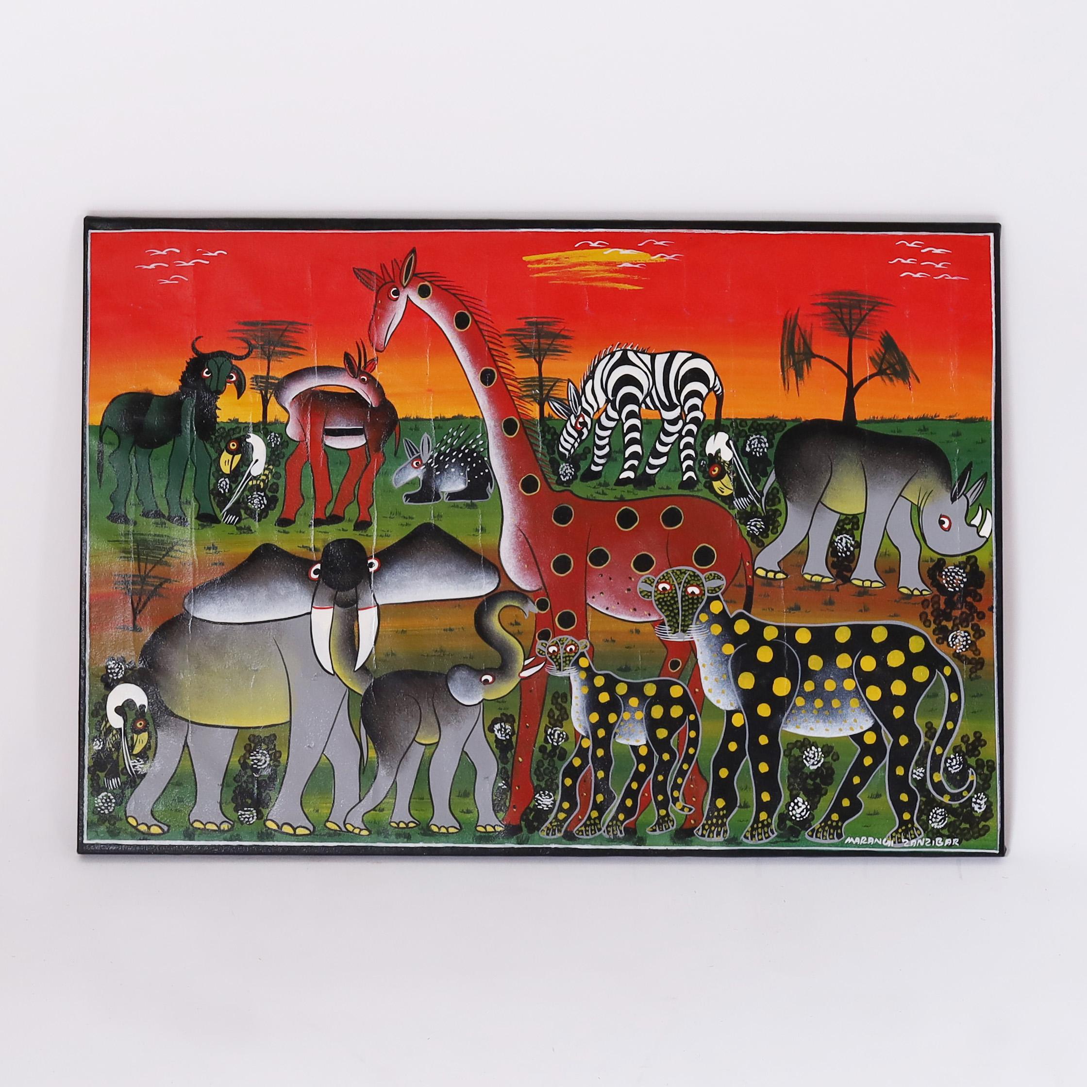 Pintura de arte popular africano vintage sobre lienzo de animales - Painting de Unknown