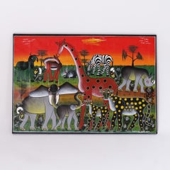Vintage African Folk Art Painting on Canvas of Animals