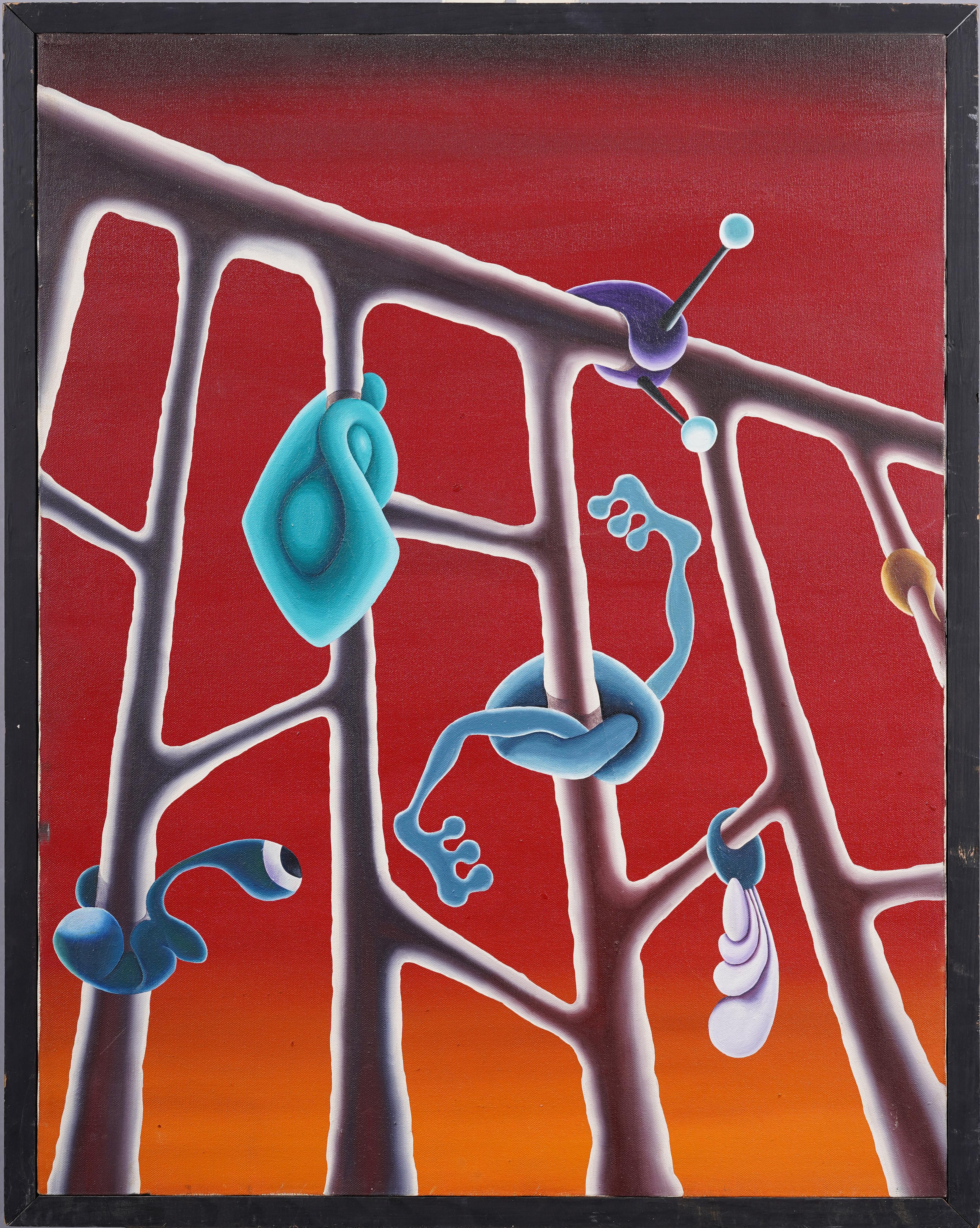 Vintage Amazing Surreal Street Art Modern Abstract Framed Signed Oil Painting (pittura ad olio firmata) - Abstract Painting Rosso di Unknown
