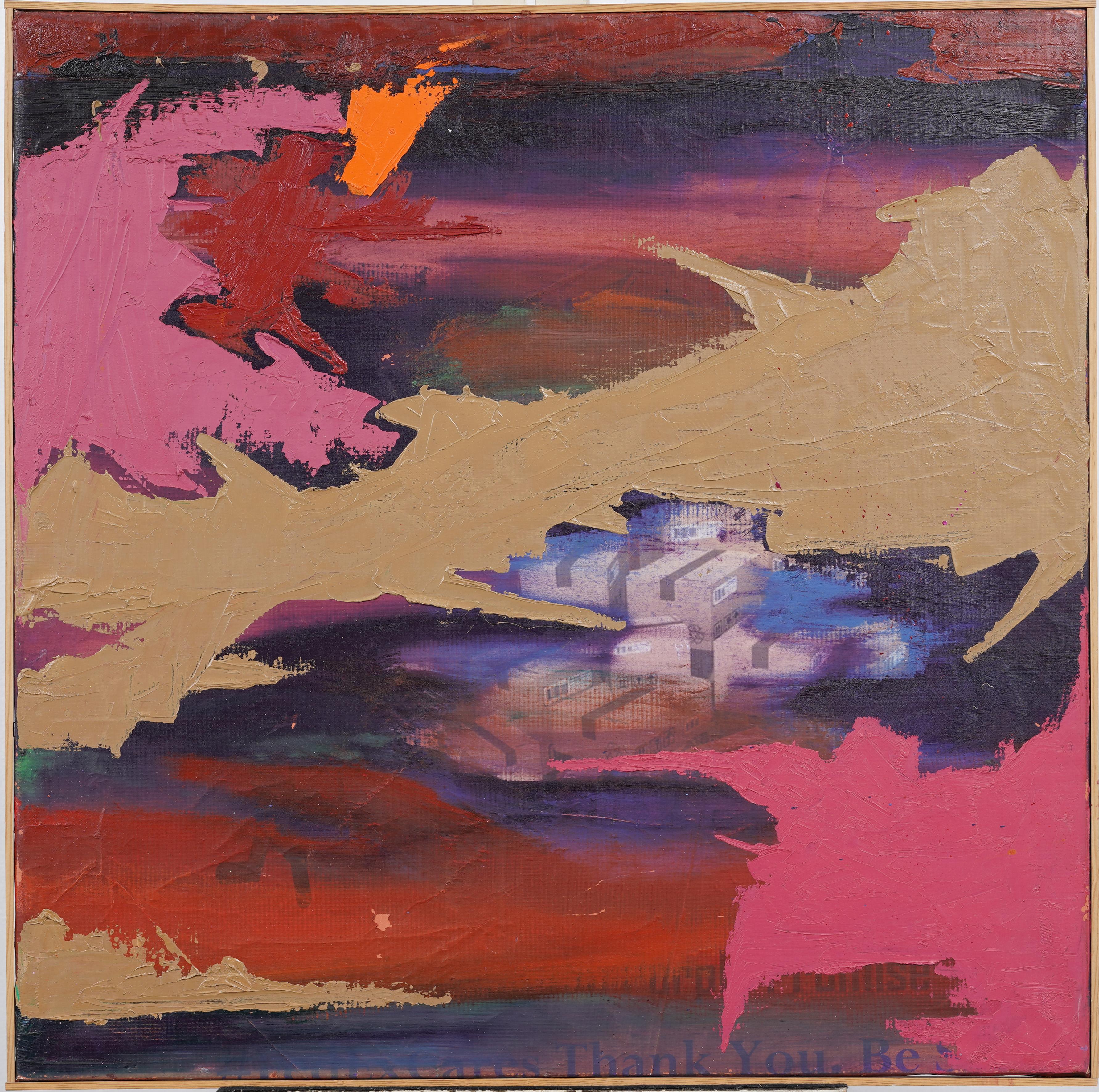 Unknown Abstract Painting - Vintage American Abstract "Flaming Warehouse" Framed Original Painting