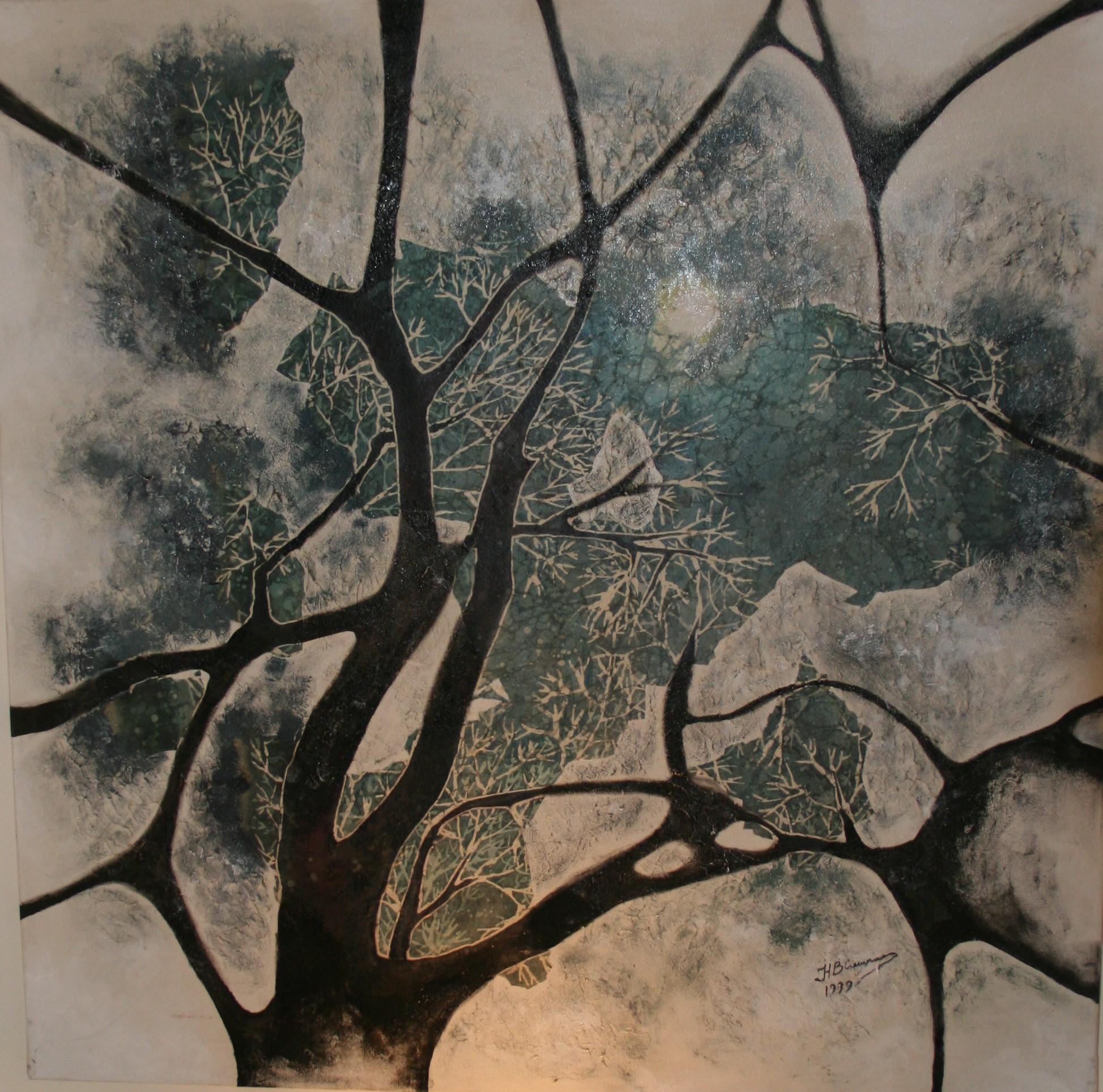 Abstract Painting di Unknown - Vintage By Astratto  Pittura ad olio Alberi Paesaggio Firmato