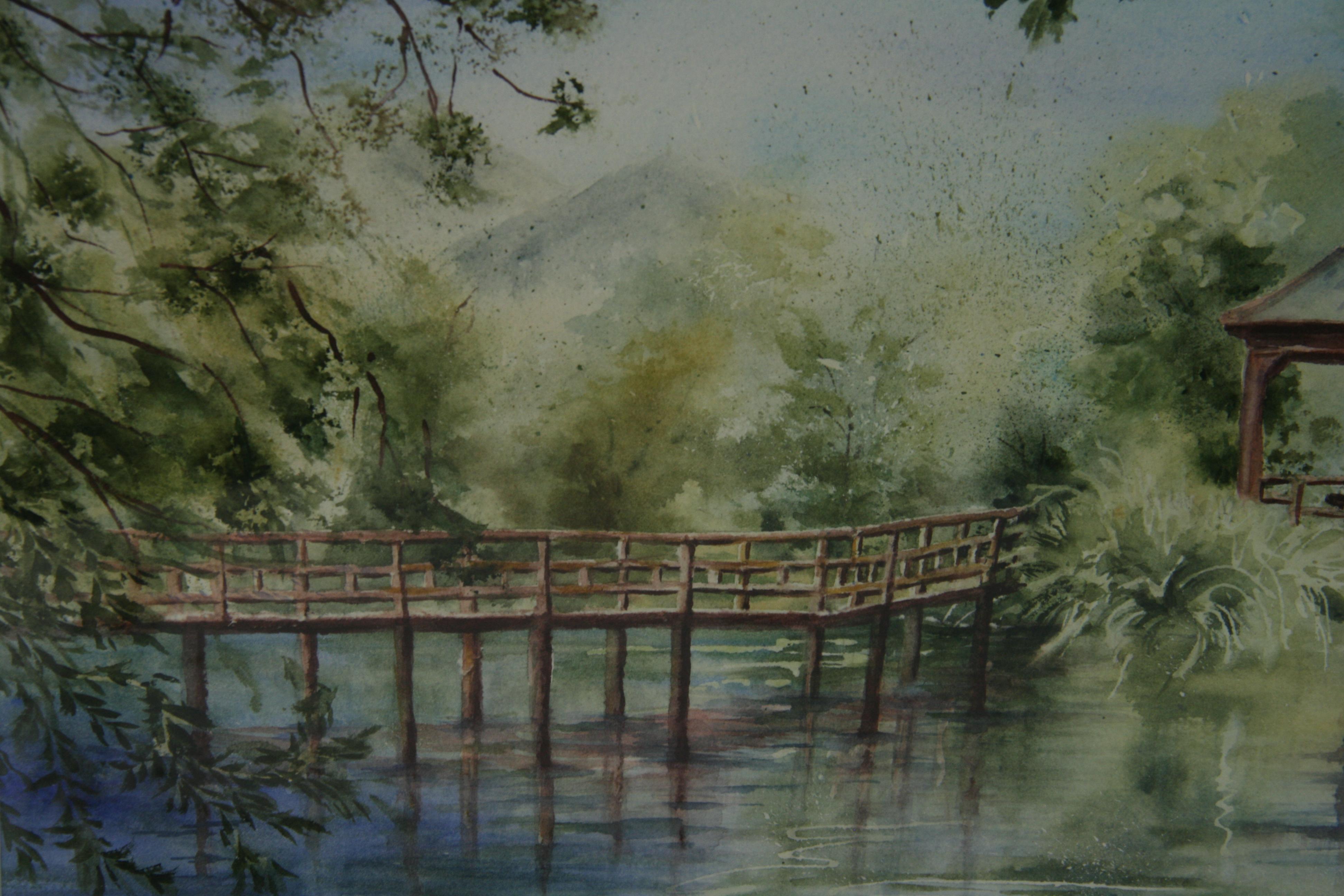 Vintage By Pittura Acrilica Attraversare il Ponte Giardino Paesaggio in vendita 6