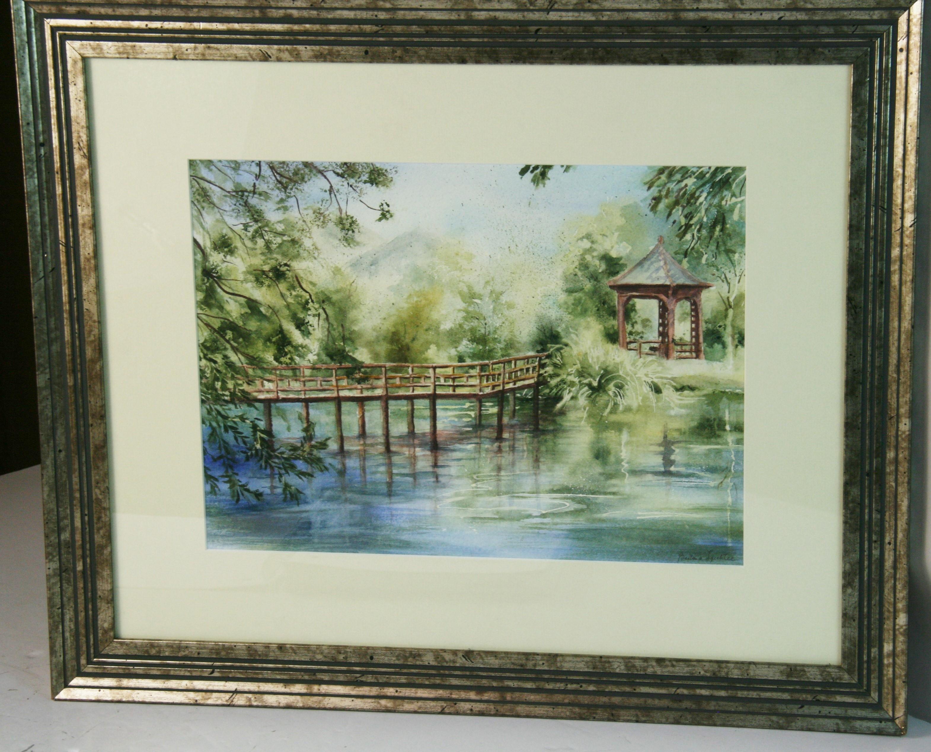 Vintage By Pittura Acrilica Attraversare il Ponte Giardino Paesaggio - Painting di Unknown