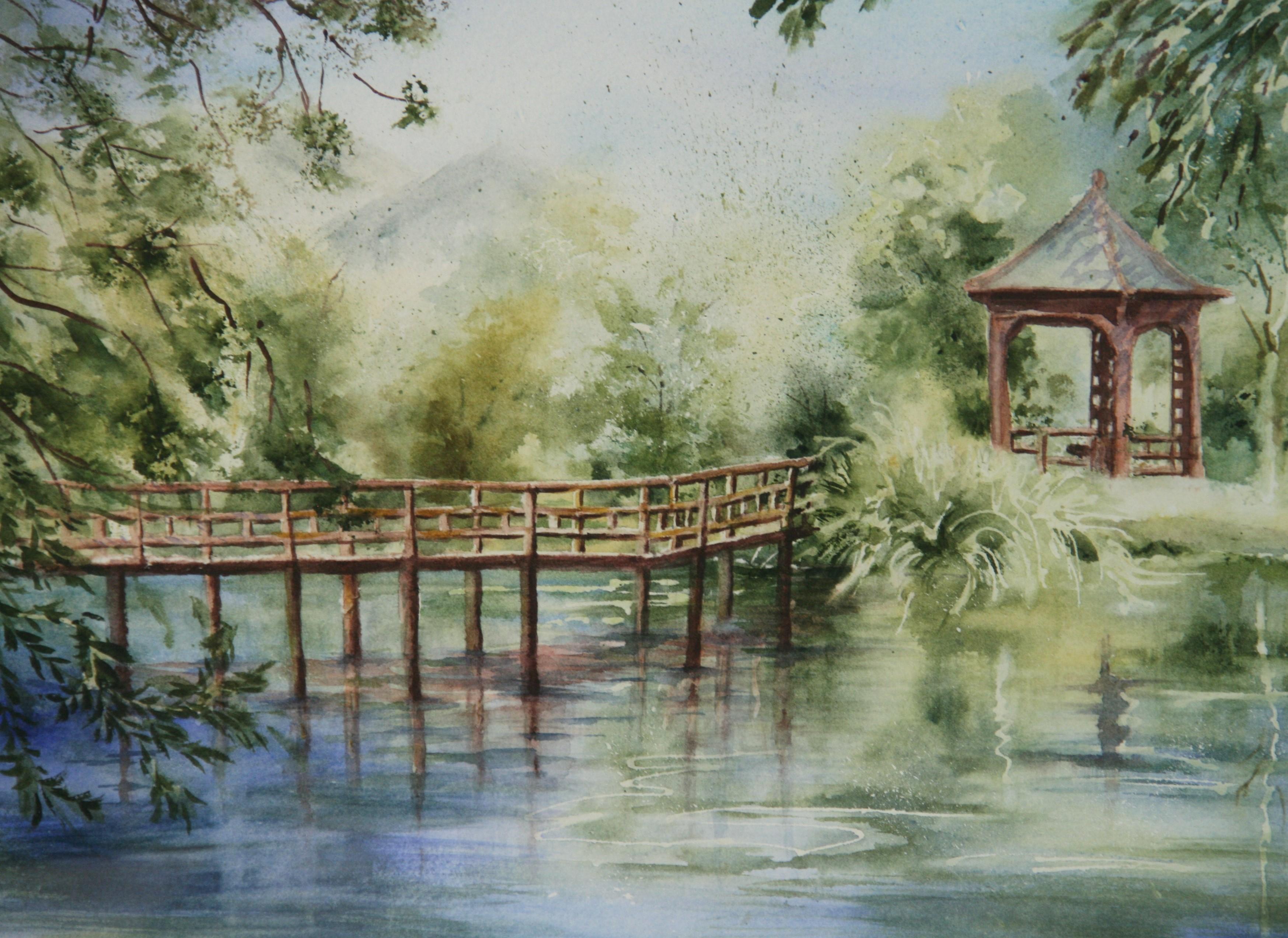 Vintage By Pittura Acrilica Attraversare il Ponte Giardino Paesaggio - Landscape Painting Grigio di Unknown