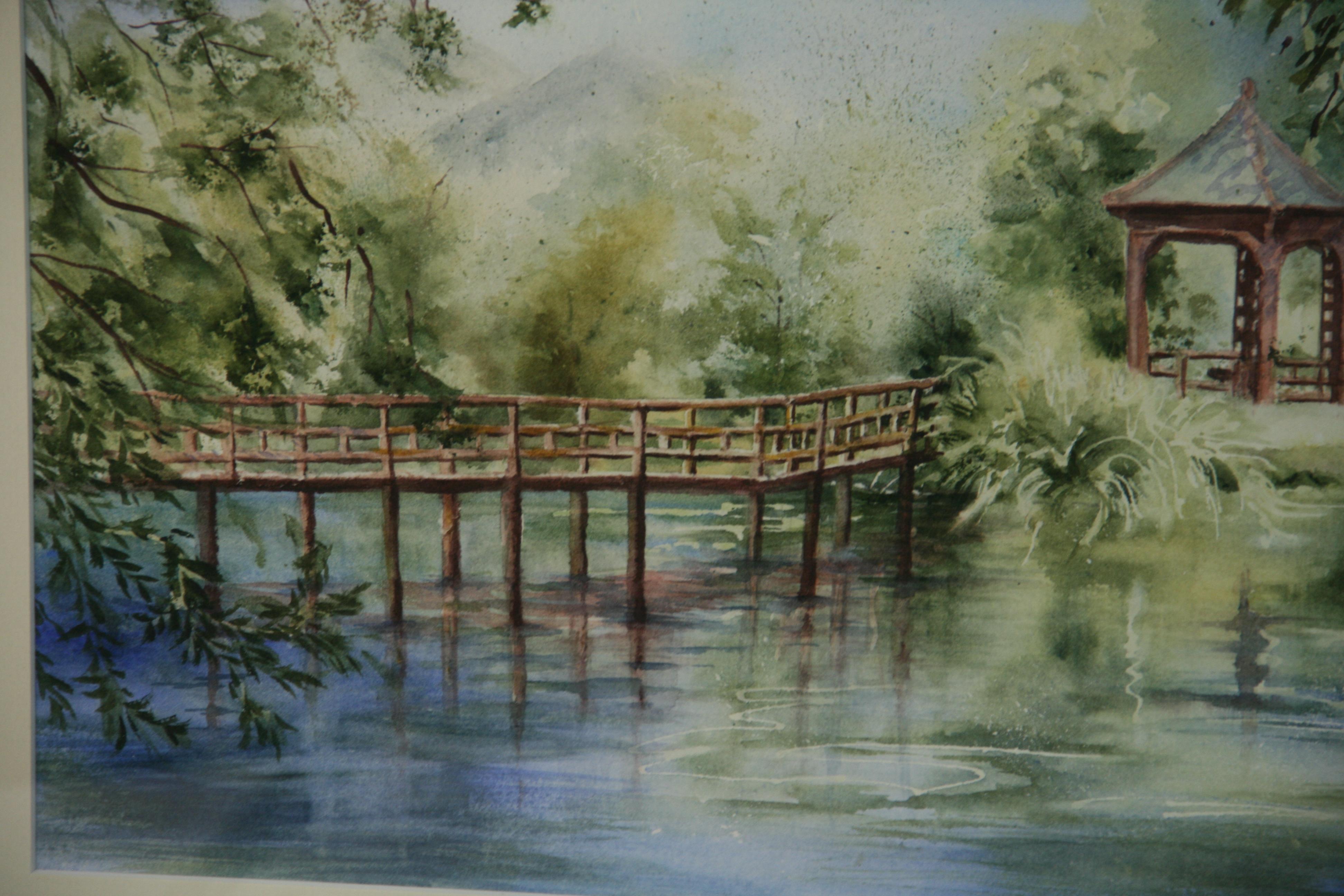 Vintage By Pittura Acrilica Attraversare il Ponte Giardino Paesaggio in vendita 1