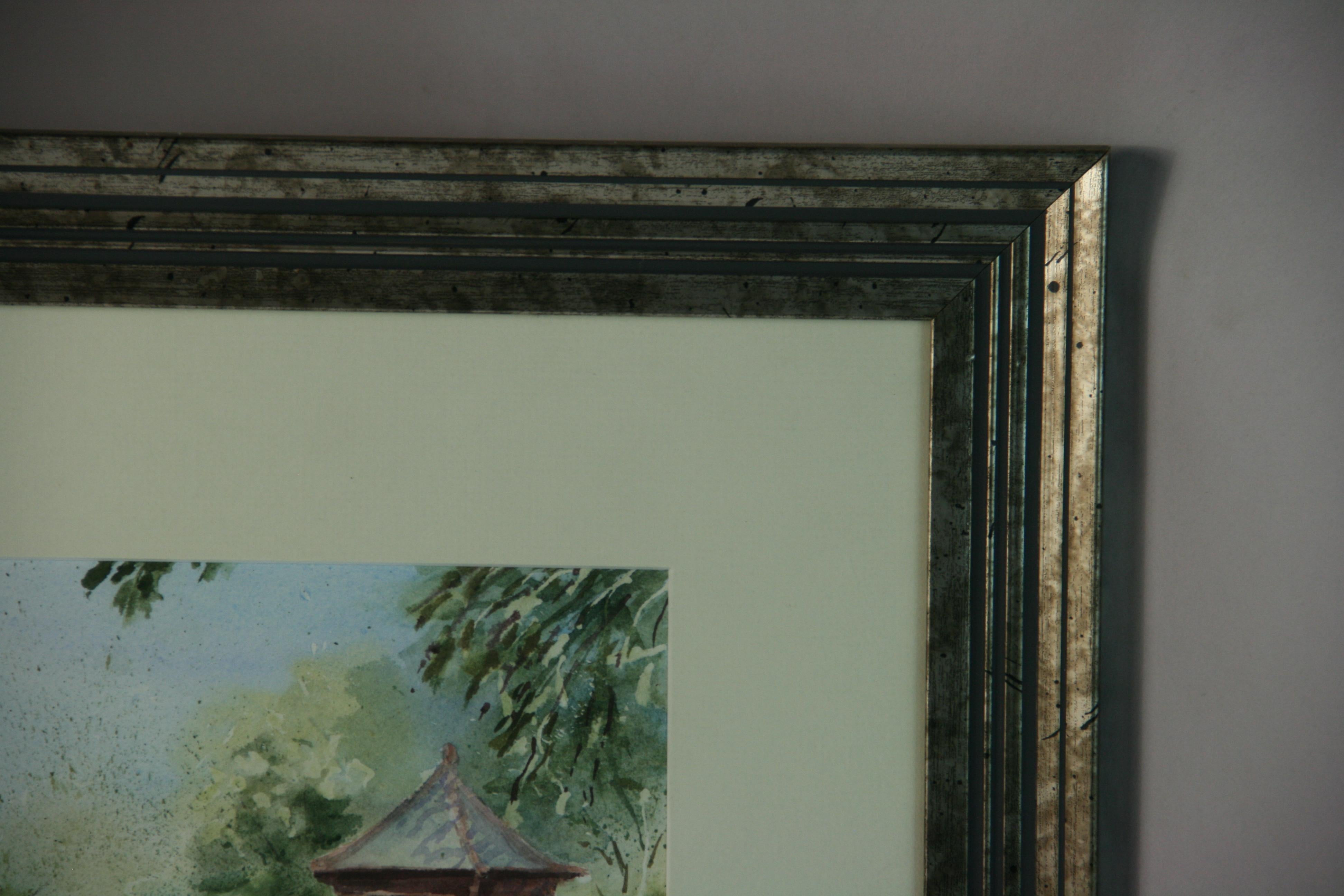 Vintage By Pittura Acrilica Attraversare il Ponte Giardino Paesaggio in vendita 2