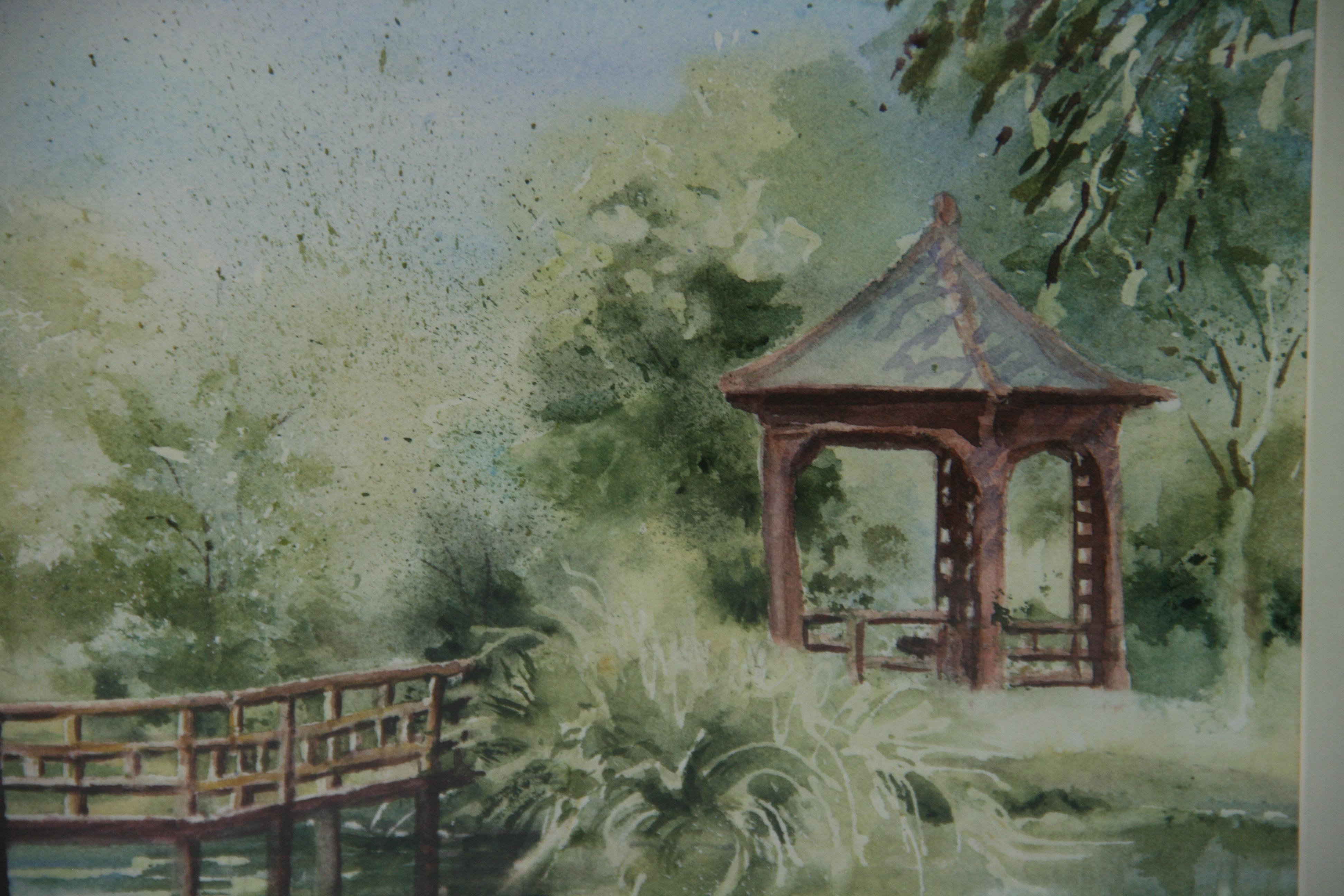 Vintage By Pittura Acrilica Attraversare il Ponte Giardino Paesaggio in vendita 4