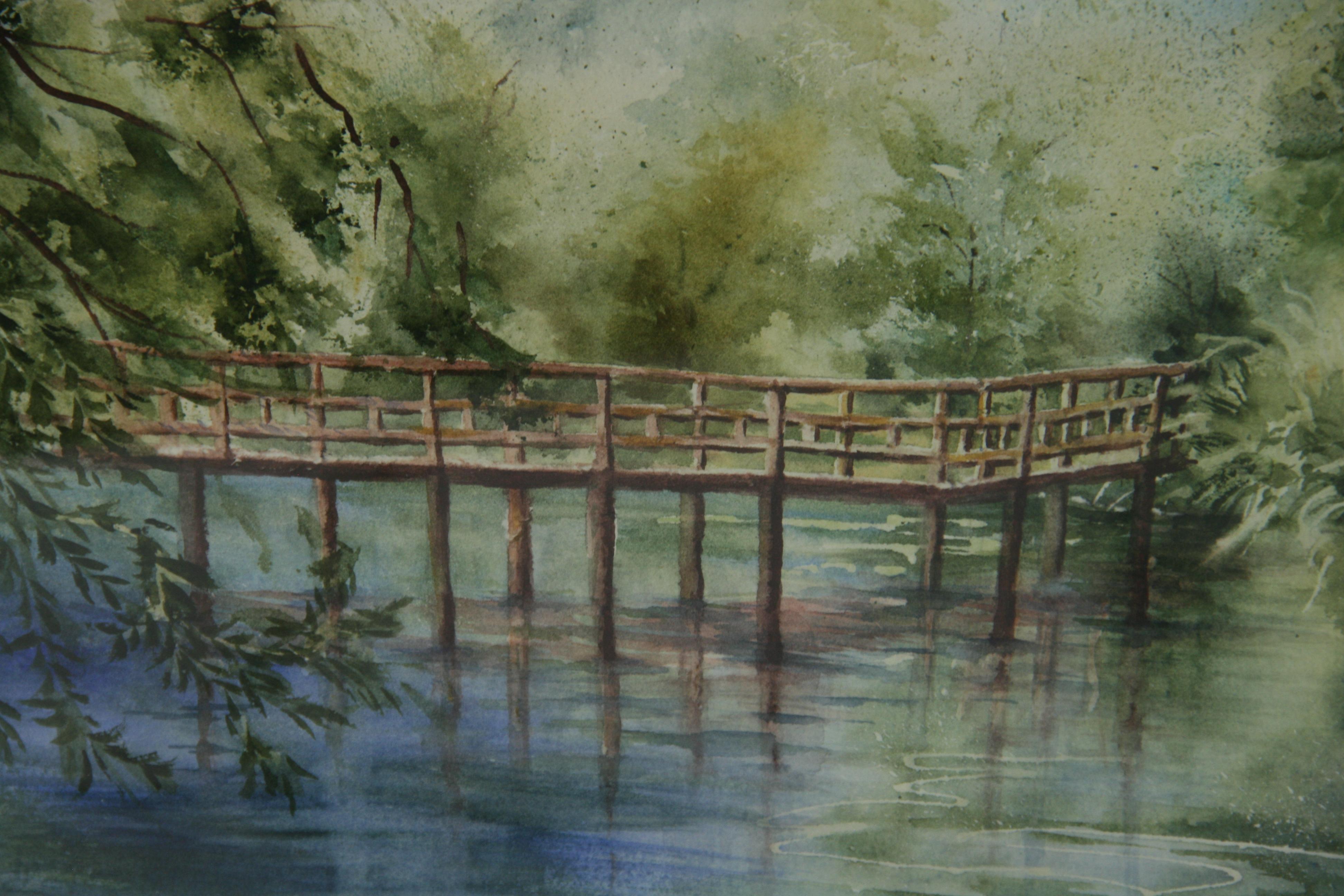 Vintage By Pittura Acrilica Attraversare il Ponte Giardino Paesaggio in vendita 5