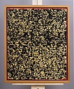 Pittura ad olio astratta vintage americana in bianco e nero con cornice