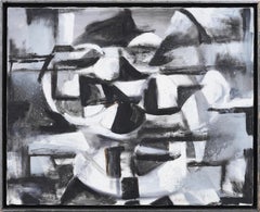 Vintage American Black and White Framed Abstract Oil Painting