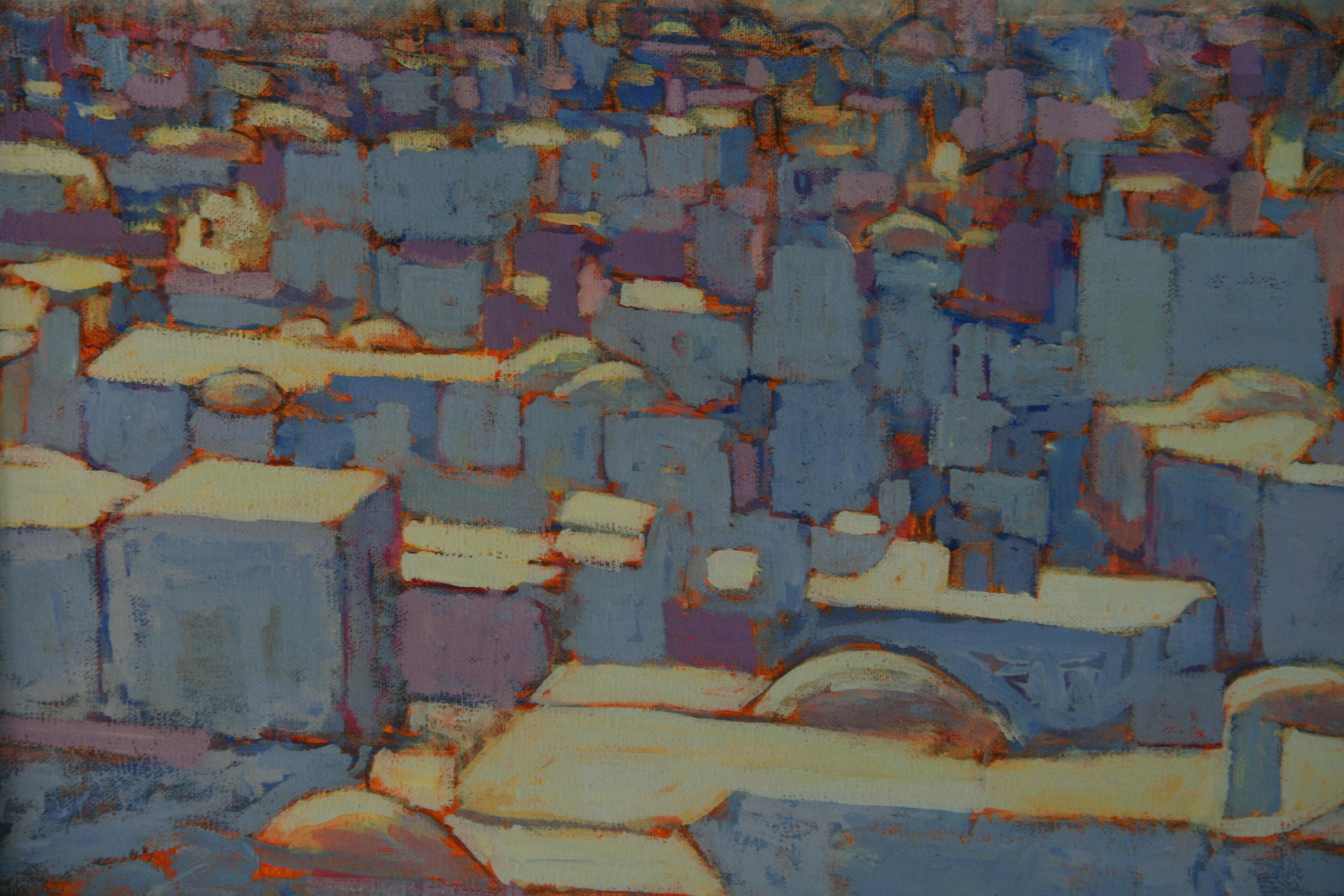 Vintage By By  Peinture à l'huile paysage urbain encadrée 1986 en vente 2