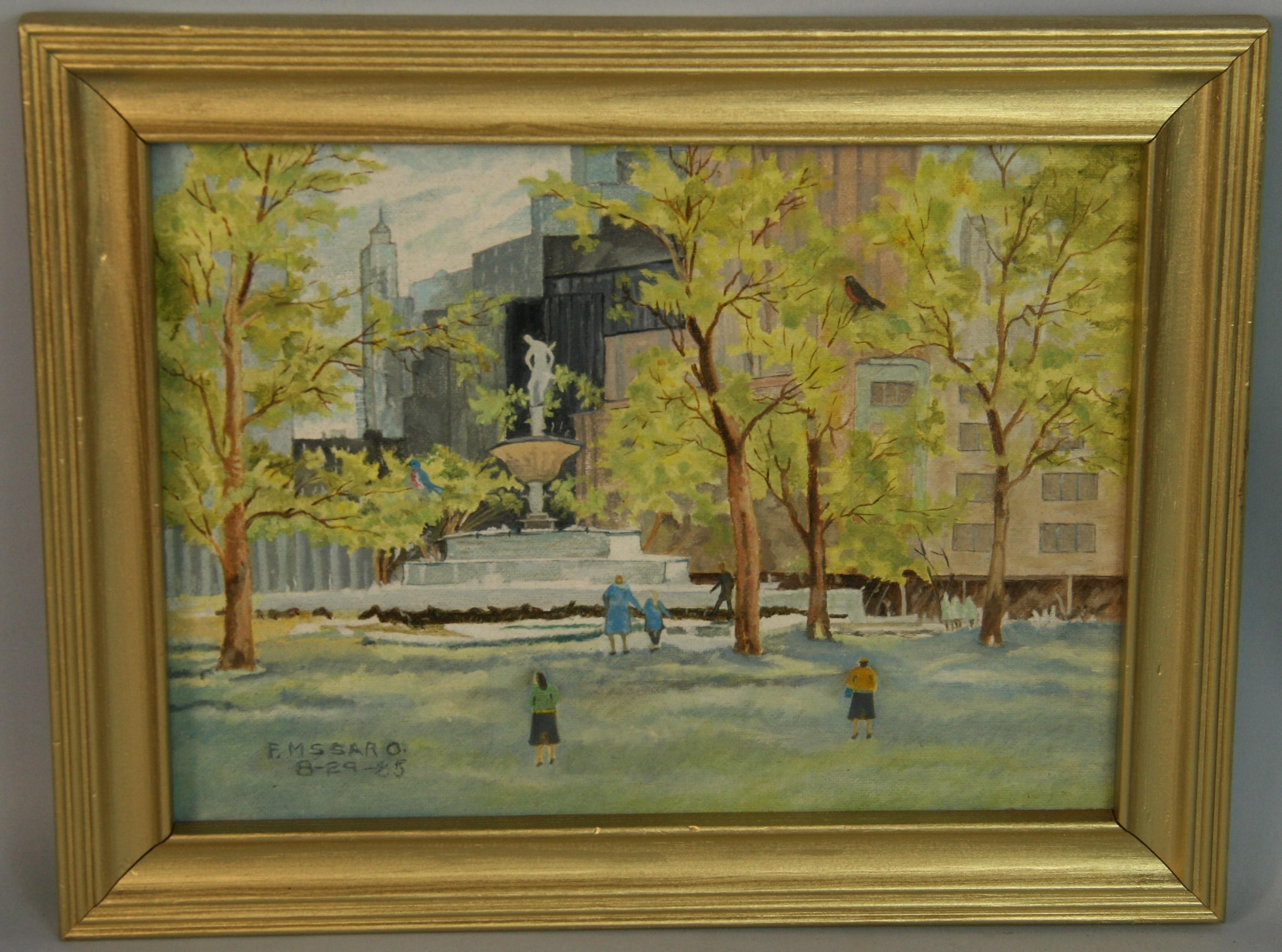 Vintage American Central Park Fountain City Scape 1985 - Painting by Unknown