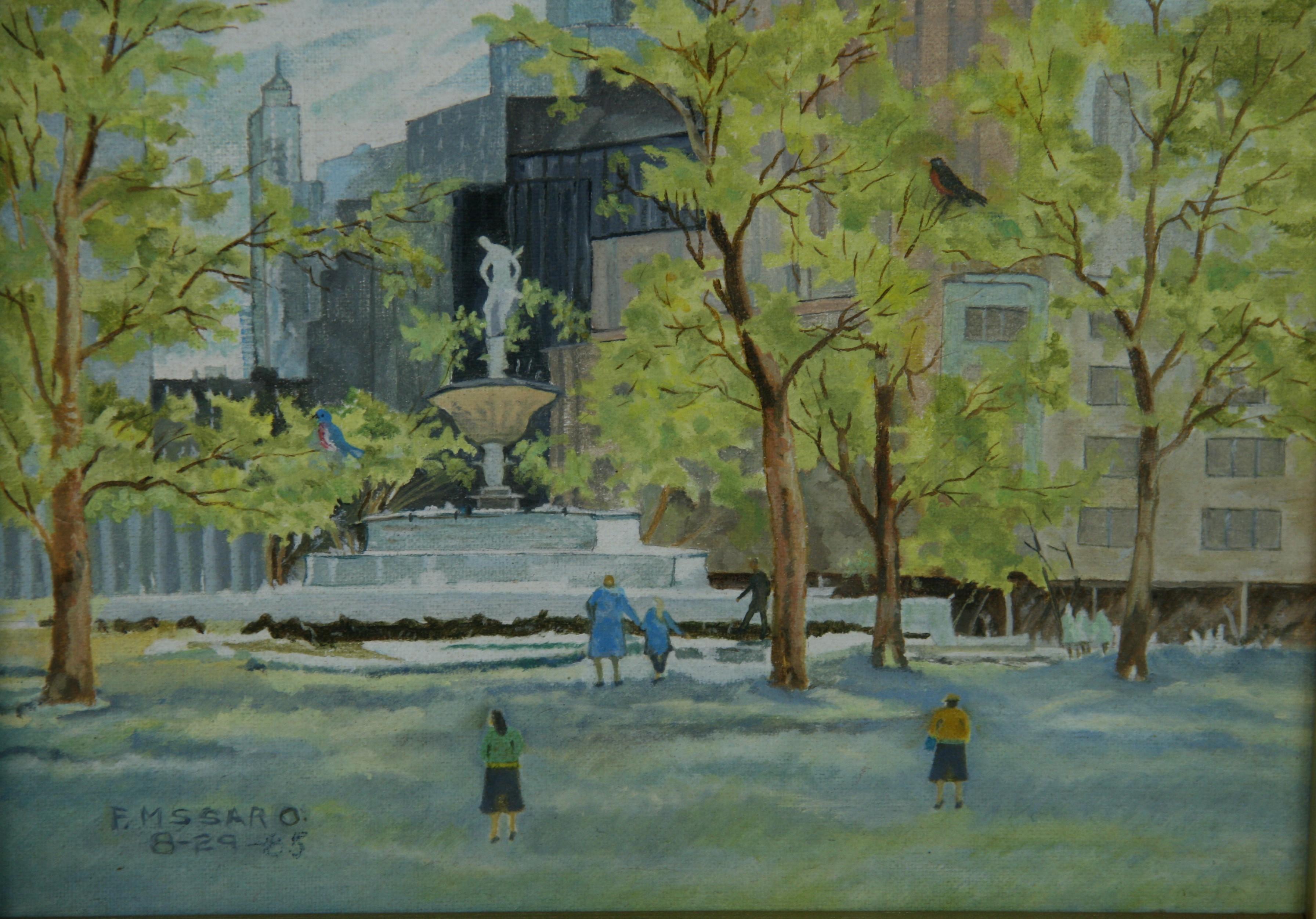 5025 Central Park fountain city scape 
Framed .Signed F.Mssaro