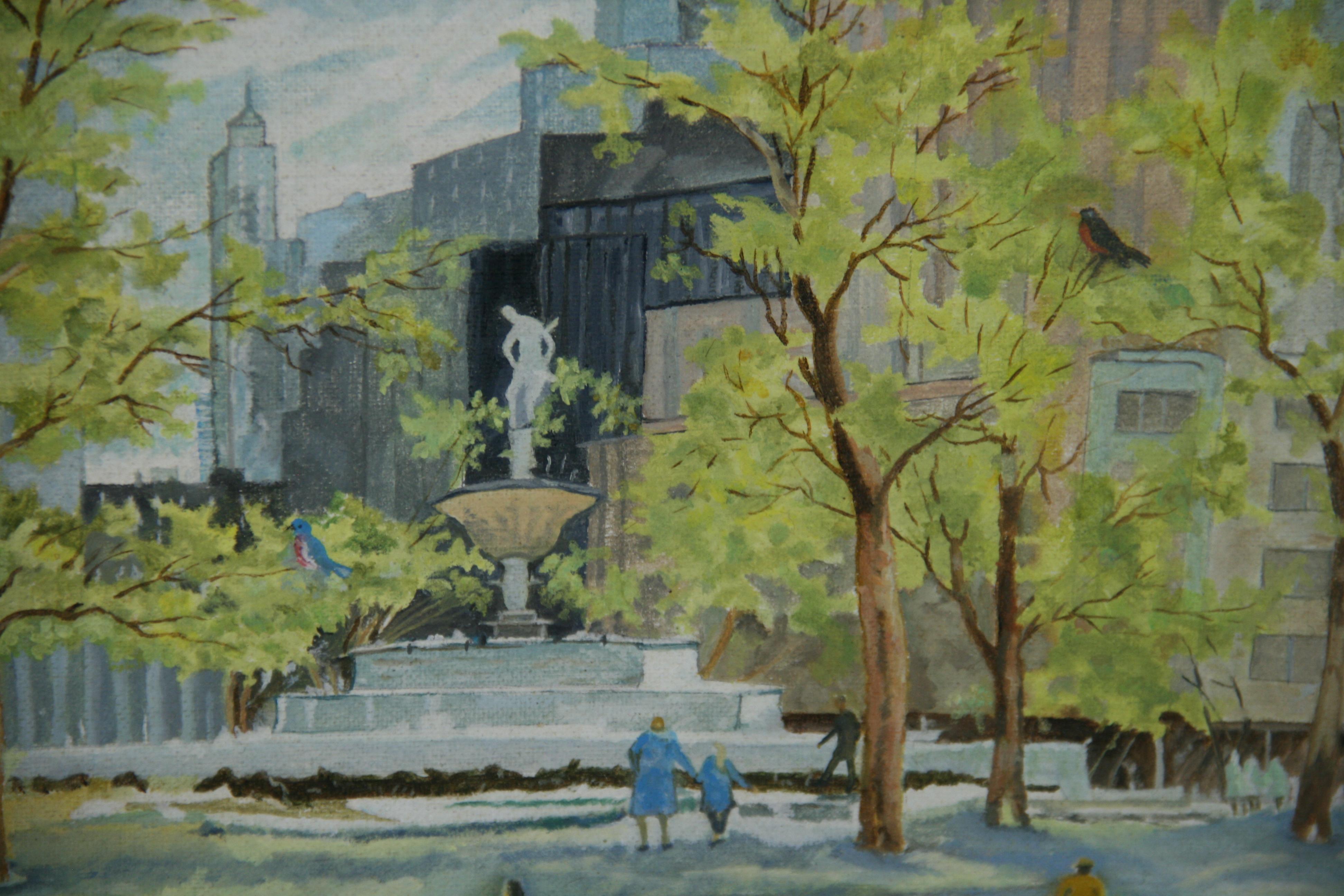 Vintage American Central Park Fountain City Scape 1985 For Sale 1