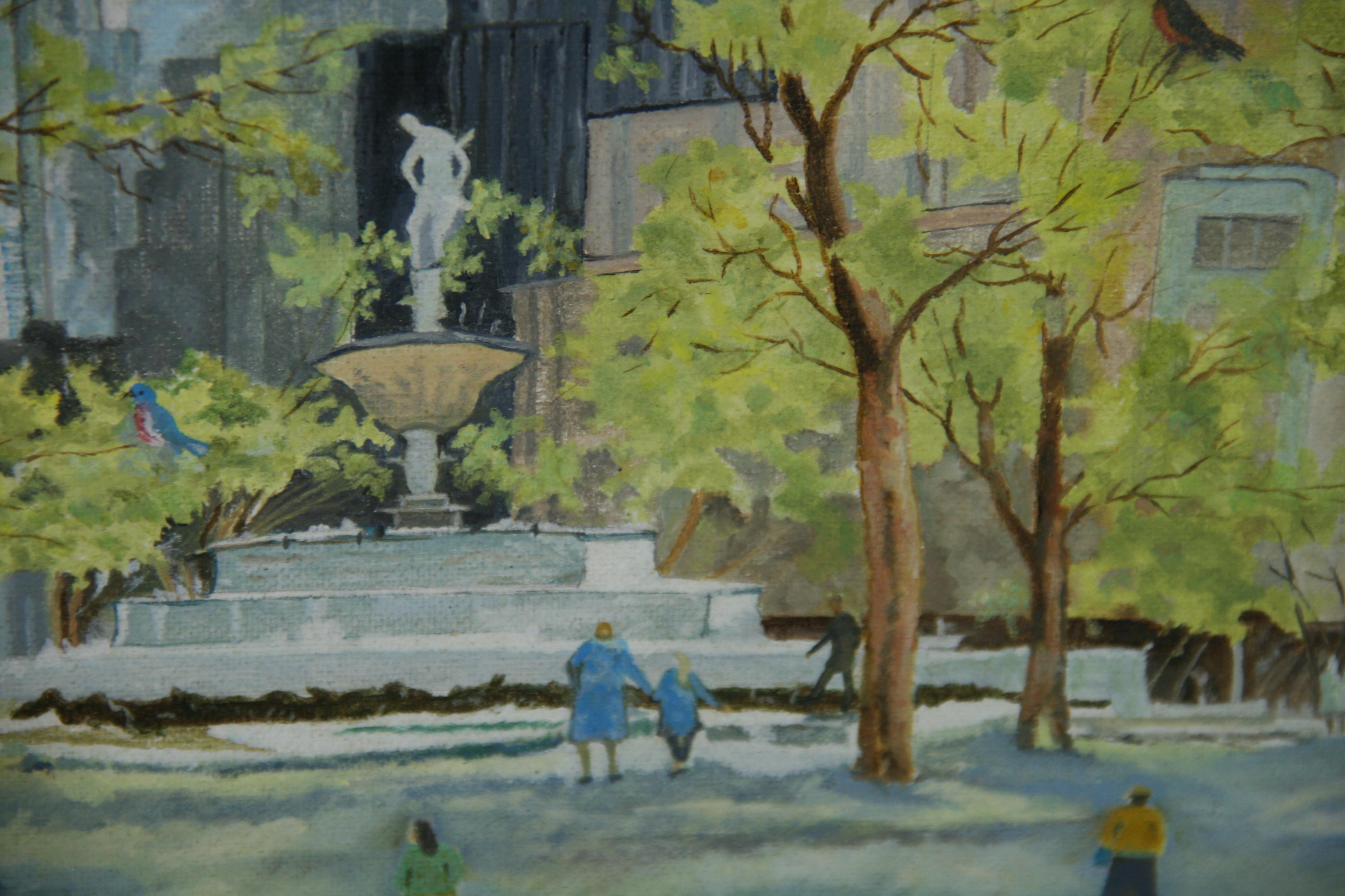Vintage American Central Park Fountain City Scape 1985 For Sale 4