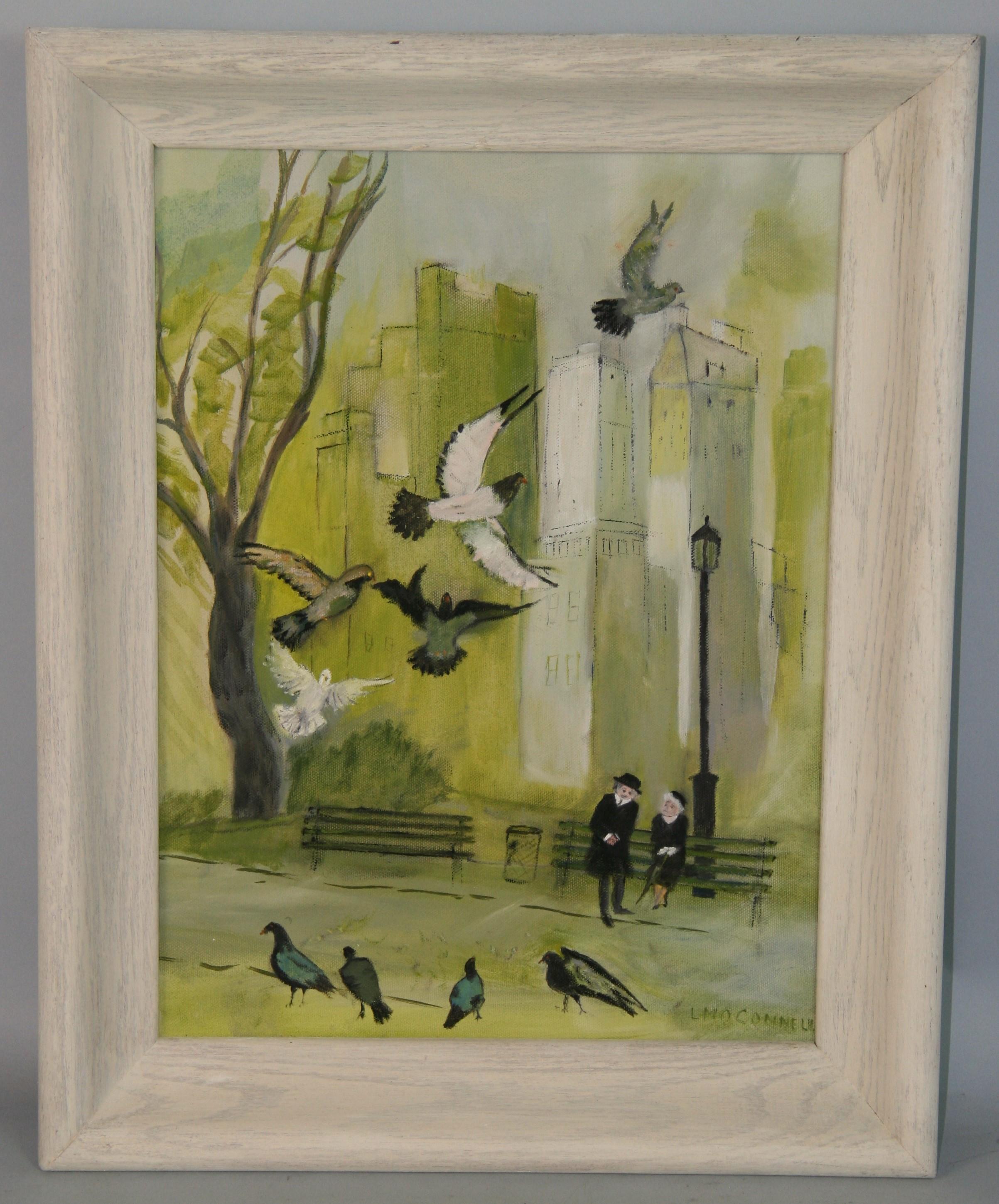 Unknown Landscape Painting - Vintage American City Scape "Birds in the Park" 