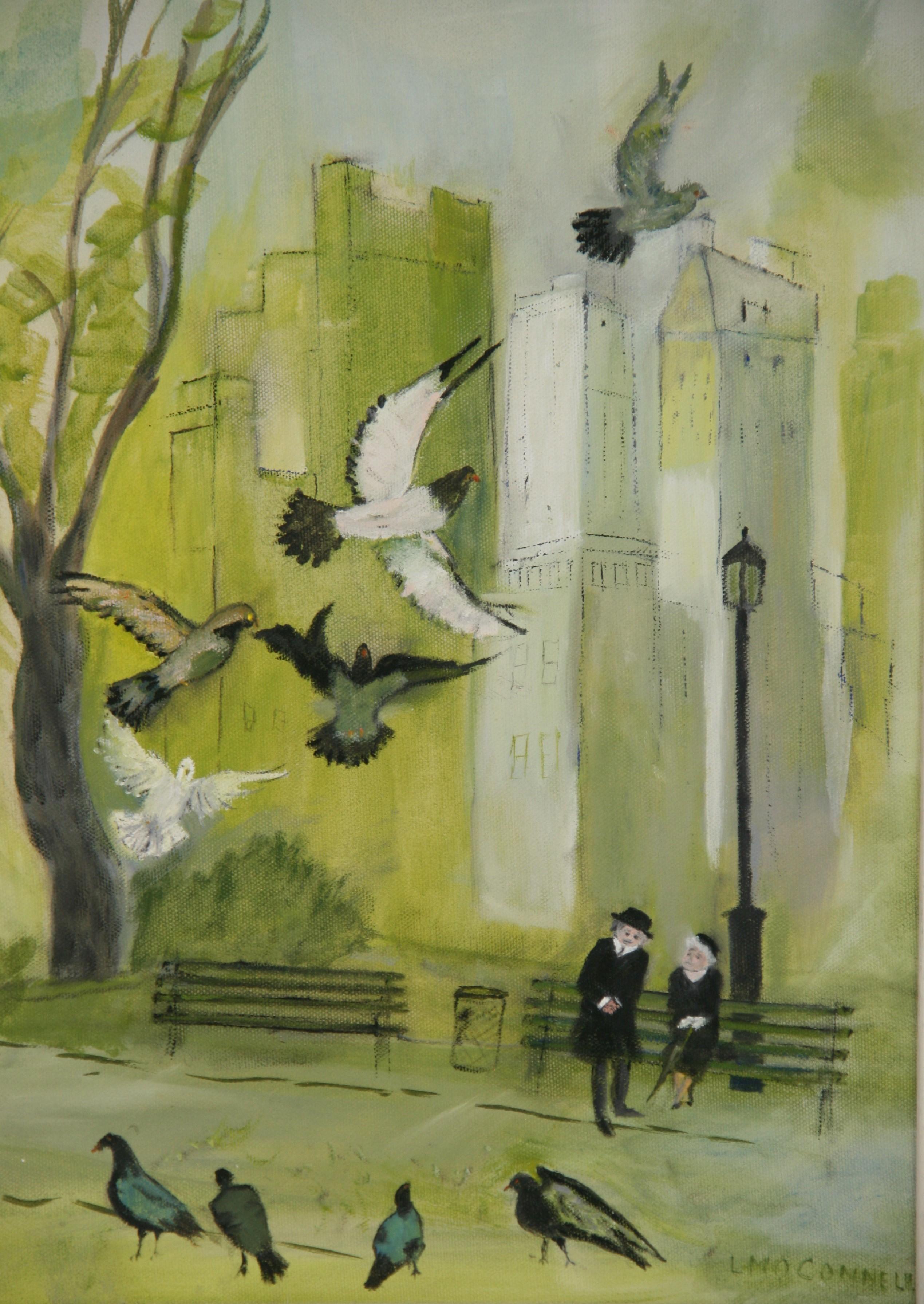 Unknown Figurative Painting - Vintage American City Scape "Couple Viewing Birds in the Central Park"