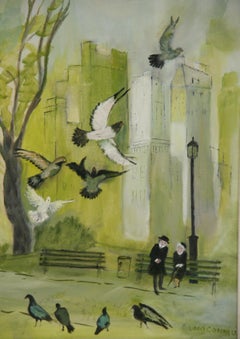 Vintage American City Scape "Couple Viewing Birds in the Central Park"