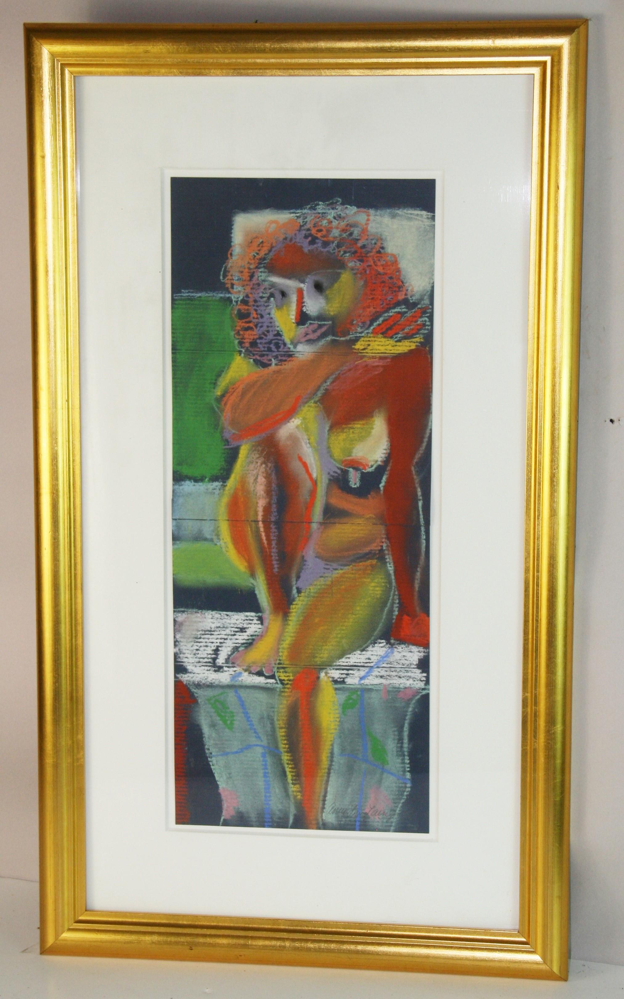 Nudo cubico americano d'epoca, pastello a olio firmato e incorniciato - Painting di Unknown