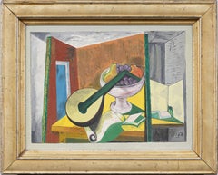 Vintage American Cubist Bodegón Firmado Giltwood Interior Enmarcado Pintura al óleo