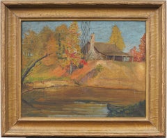 Vintage American Fall Lake Framed Impressionist Landscape Oil Painting