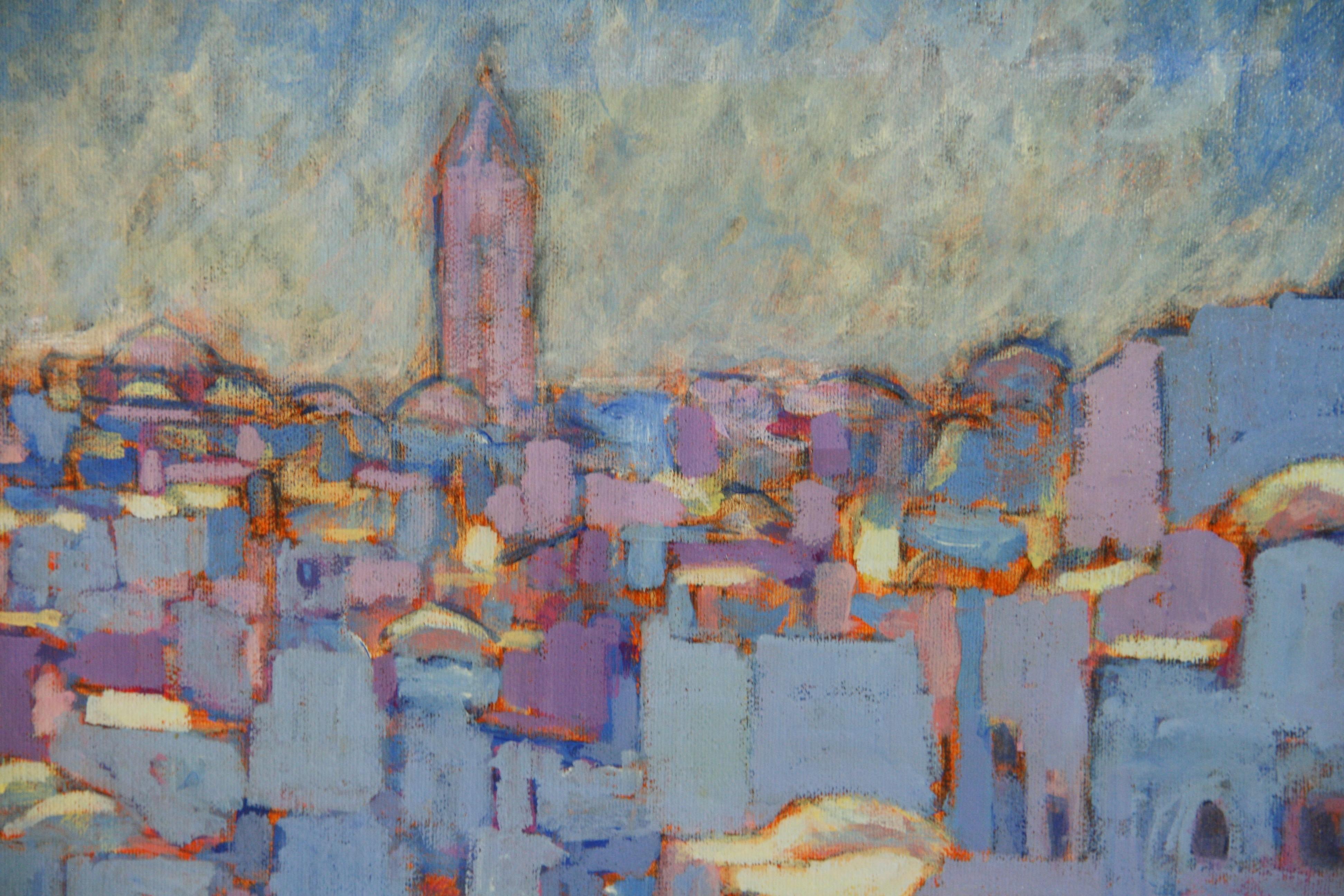 Vintage American Fauvist Oil Painting City Landscape Framed 1986 For Sale 1