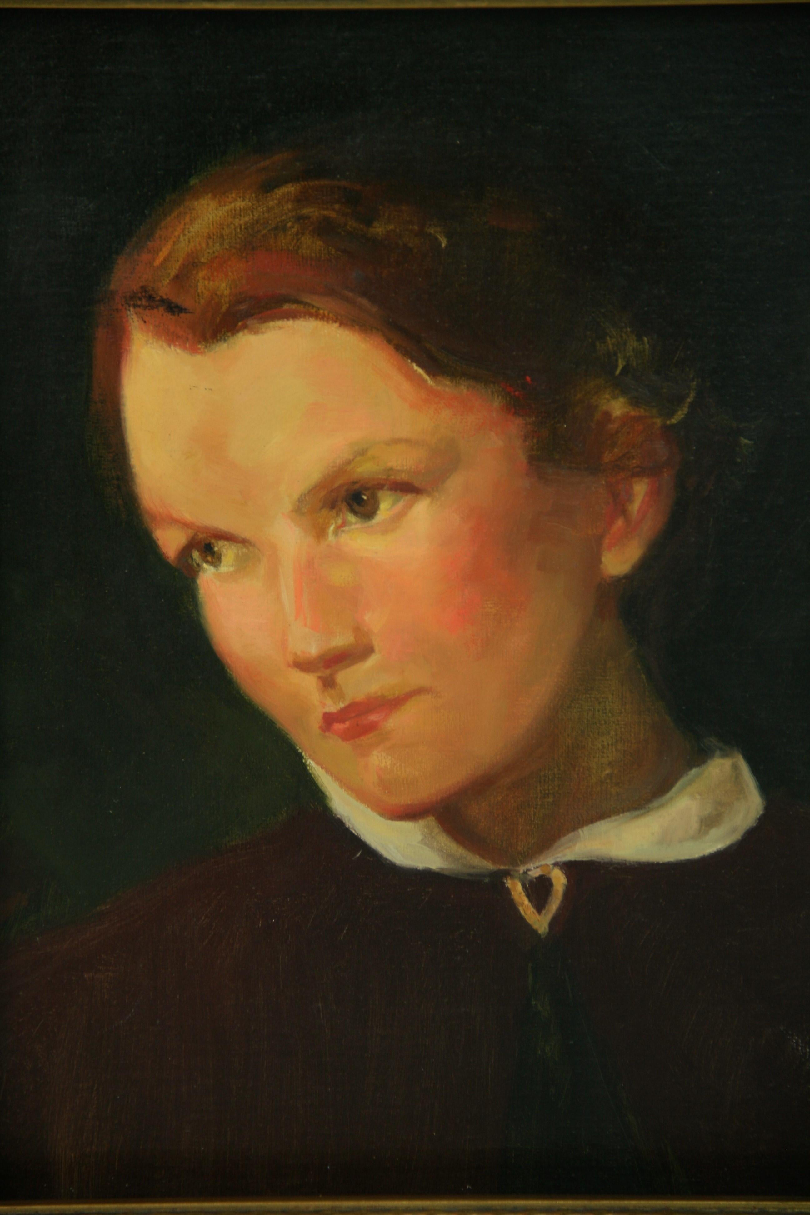 5048 Vintage female gigurative oil painting on canvas 
Set in a custom wood frame 
Image size 13.5x10.5