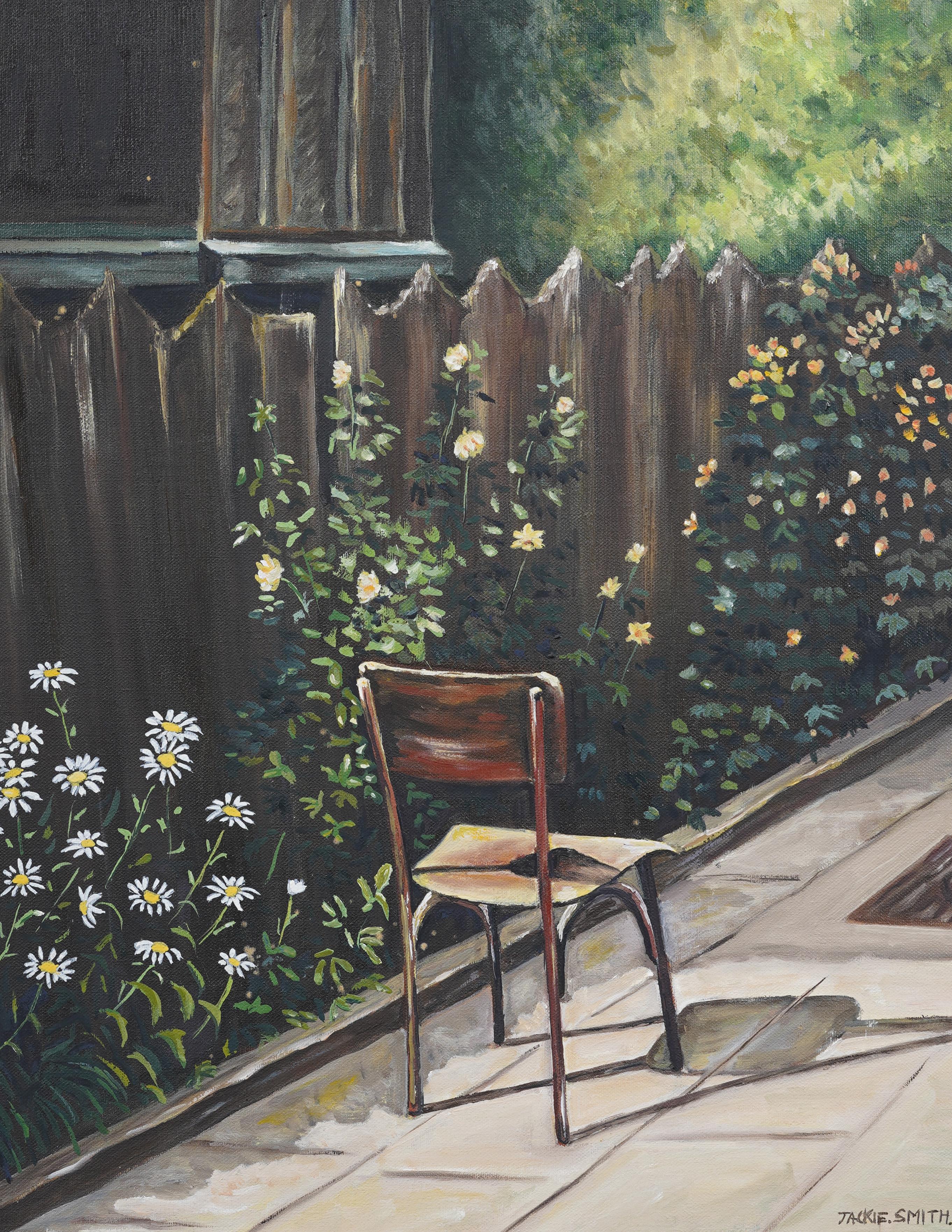 Vintage Impressionniste Américain Jardin Fleuri Paysage Mural Peinture à l'huile - Marron Still-Life Painting par Unknown