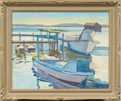 Vintage American Impressionist "Boot Studie Florida" Sonnenuntergang Seelandschaft Ölgemälde