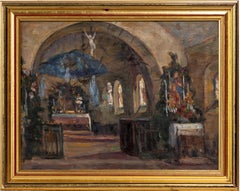 Vintage American Impressionist Church's Interior Architectural Framed Oil Painting