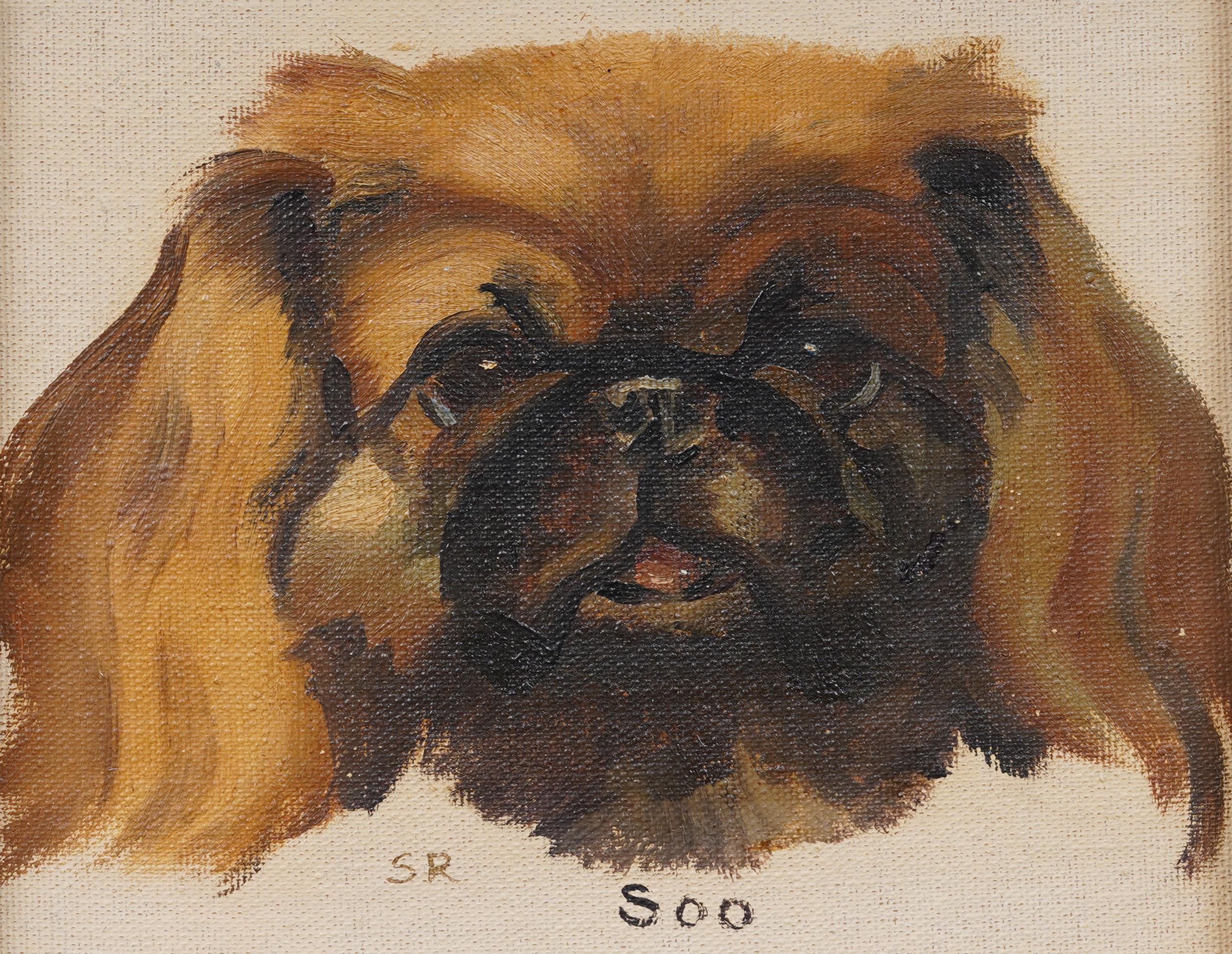 Ritratto di cane impressionista americano d'epoca, dipinto a olio originale incorniciato - Animal Painting Marrone di Unknown