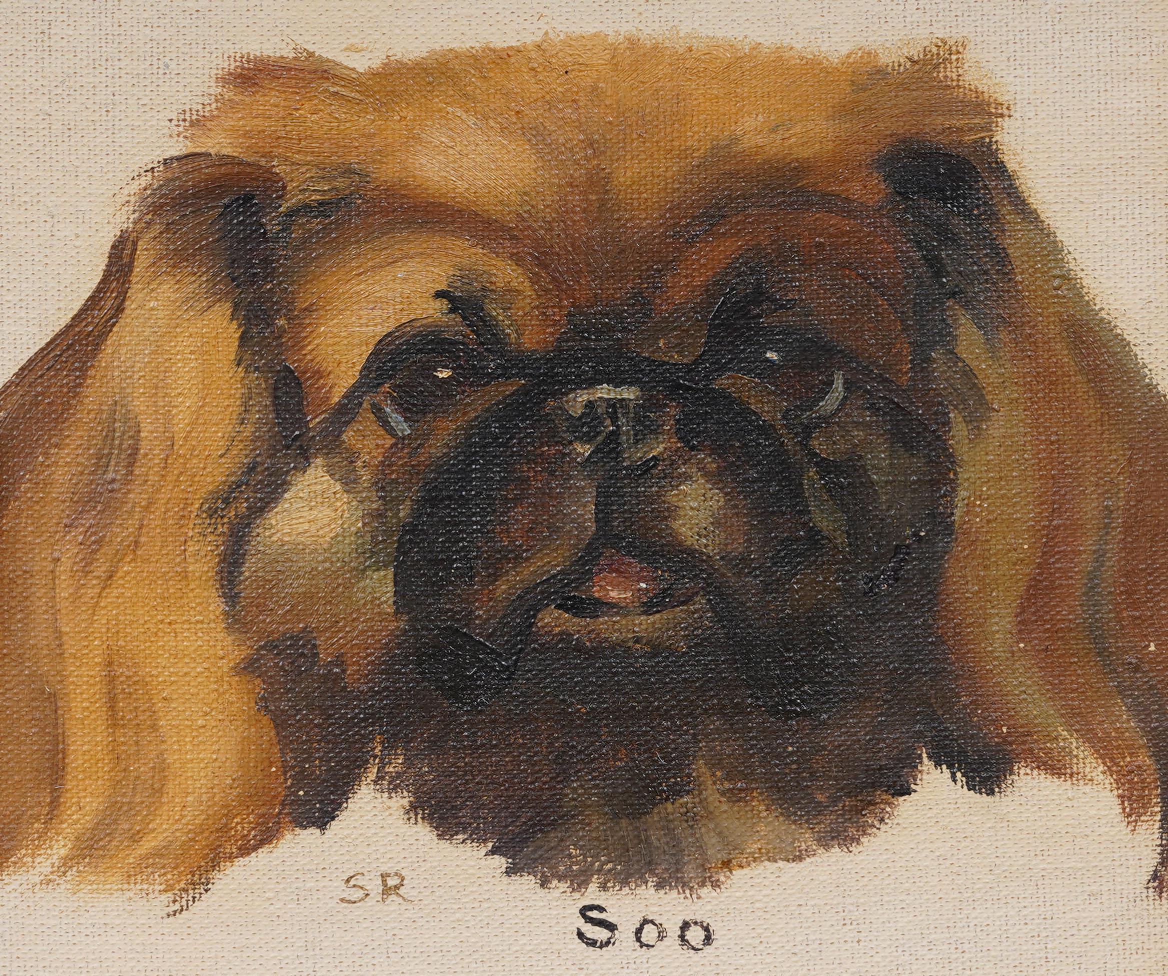 Ritratto di cane impressionista americano d'epoca dipinto a olio. Olio su tavola. Incorniciato. Misura: 9 per 9 pollici.  Splendidamente incorniciato con modanature in legno dorato.  In condizioni eccellenti, pronto per essere appeso e goduto. 