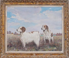 Vintage American Impressionist Dog Portrait Landscape Signed Framed Oil Painting