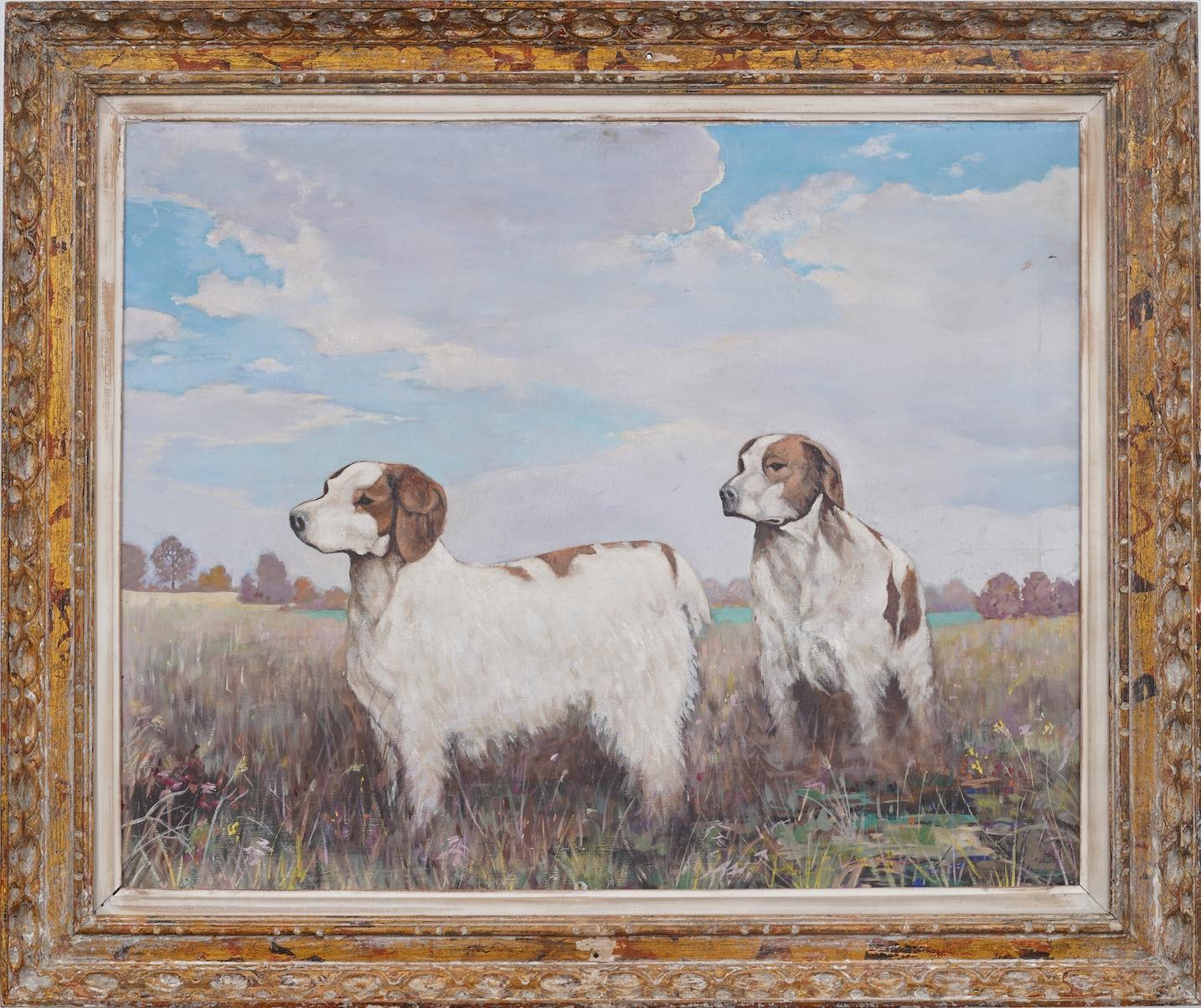 Unknown Animal Painting - Vintage American Impressionist Dog Portrait Landscape Signed Framed Oil Painting