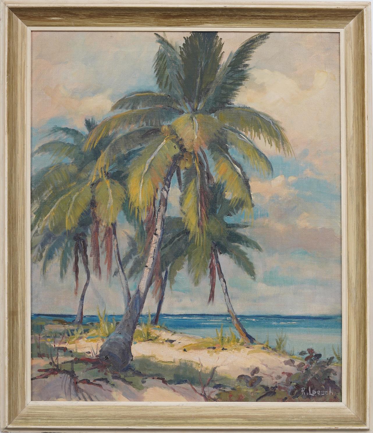 Unknown Landscape Painting - Vintage American Impressionist Florida Tropical Beach Scene Signed Oil Painting
