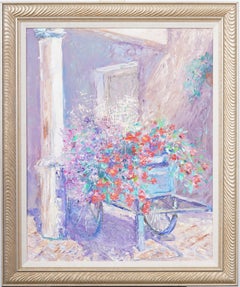 Vintage American Impressionist Flower Cart Landscape Framed Original Painting