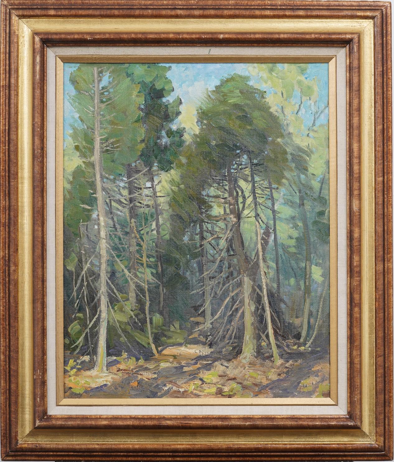 Vintage American Impressionist Forest Interior Framed Landscape Oil Painting