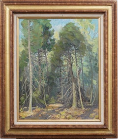 Vintage American Impressionist Forest Interior Framed Landscape Oil Painting