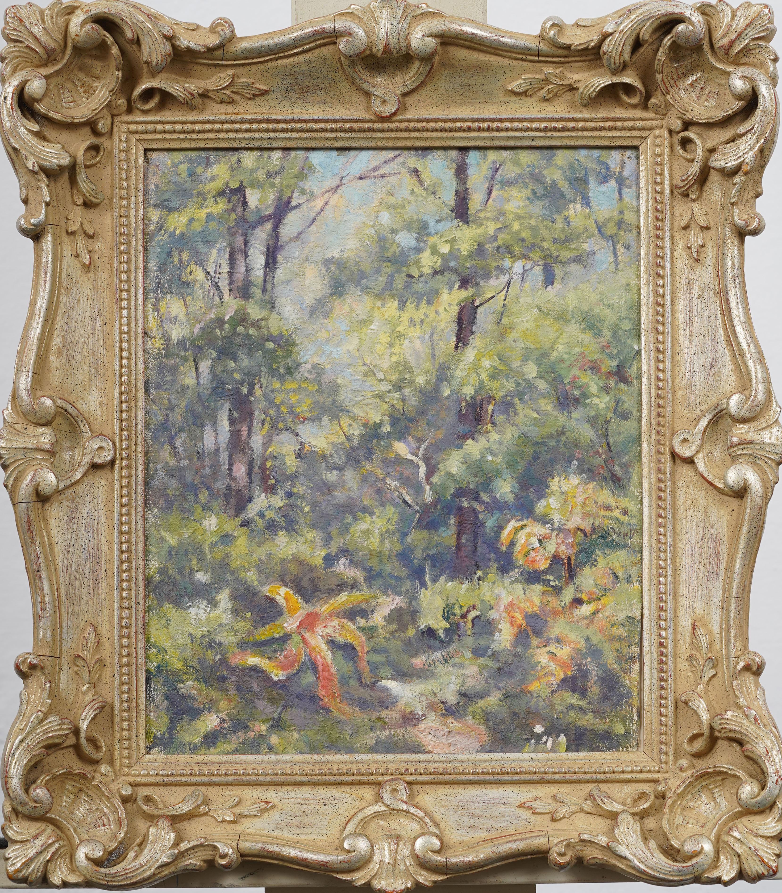 Vintage American Impressionist Gerahmte Landschaft Wald Innenraum Ölgemälde – Painting von Unknown