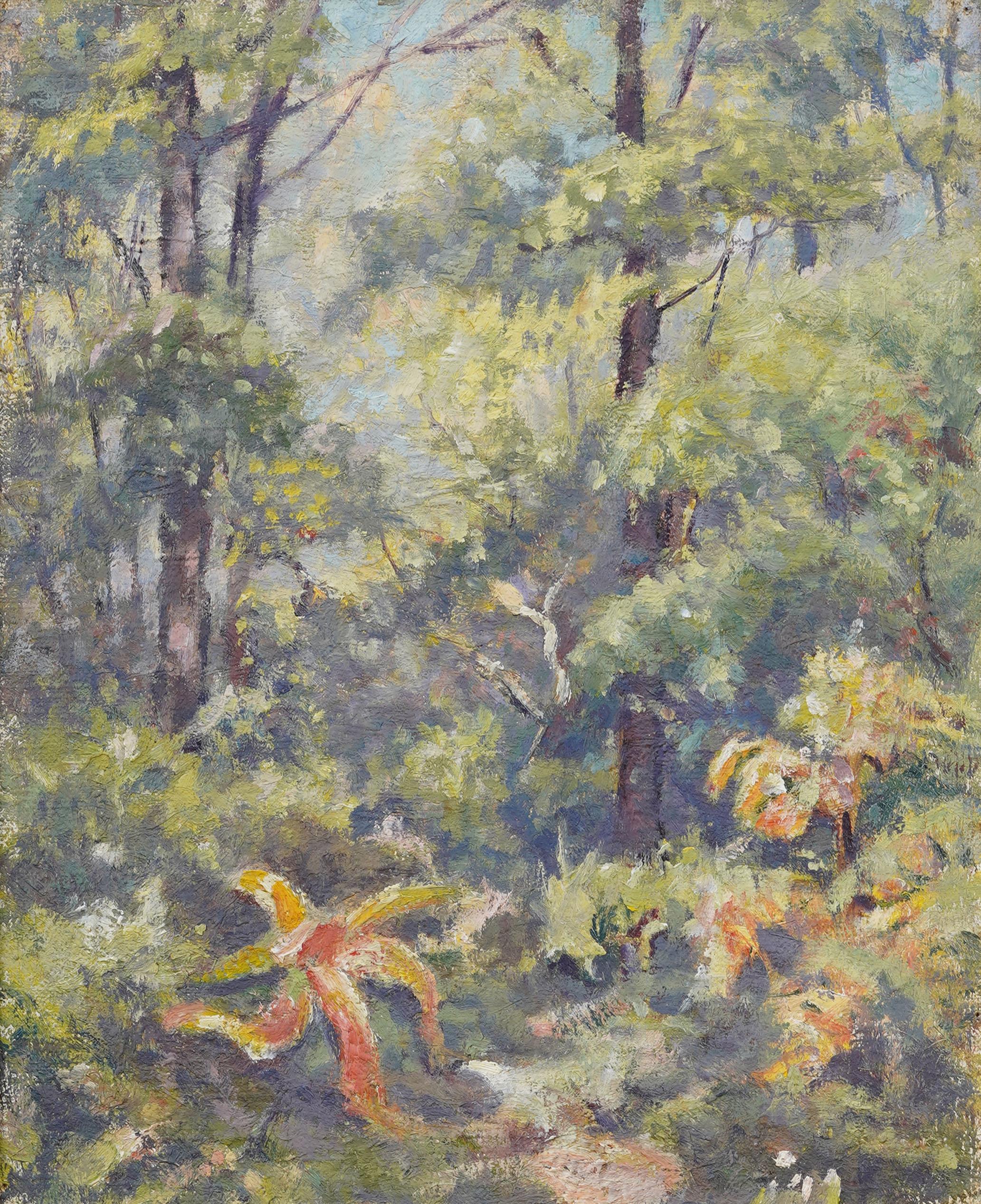 Vintage American Impressionist Gerahmte Landschaft Wald Innenraum Ölgemälde (Impressionismus), Painting, von Unknown