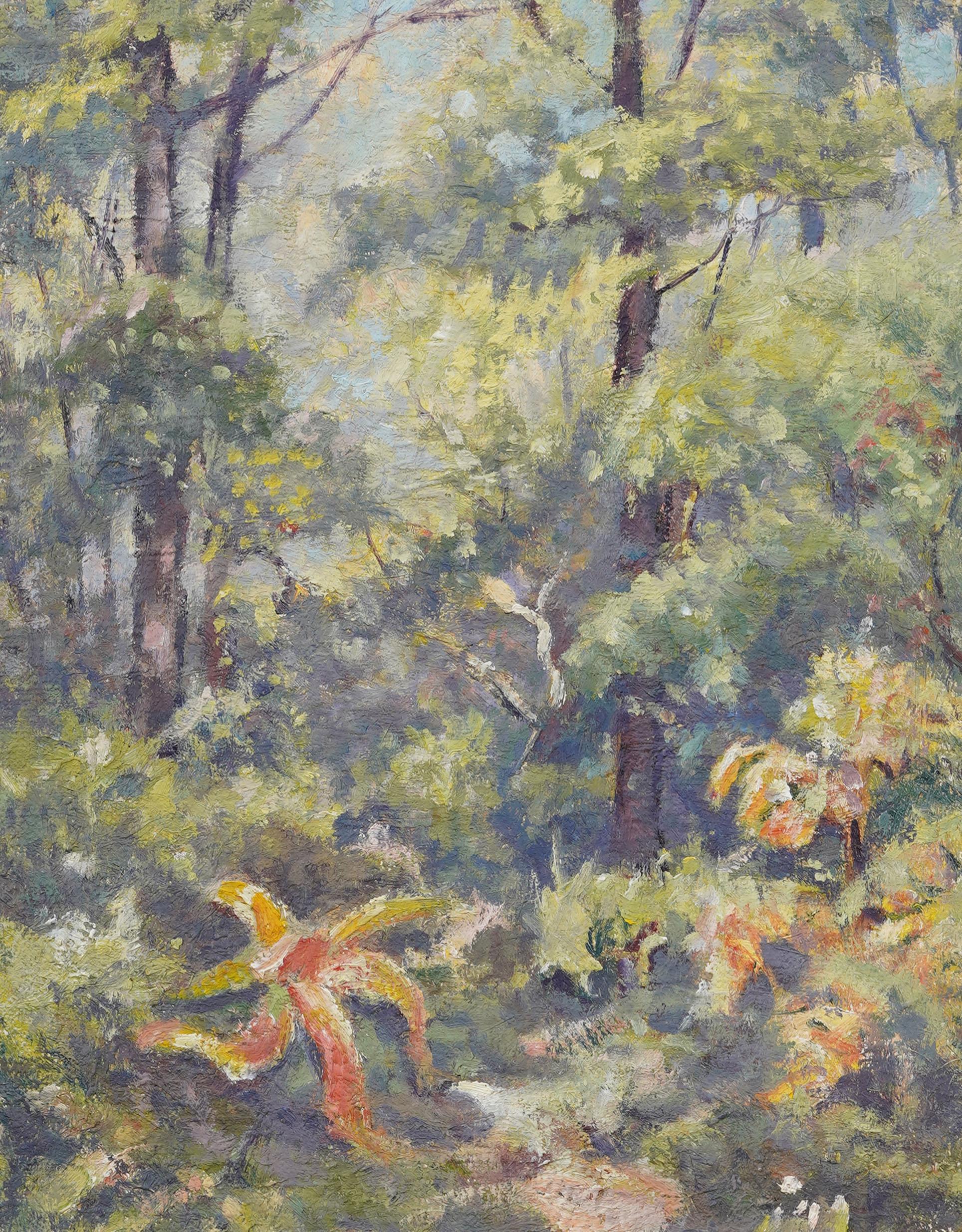 Vintage American Impressionist Gerahmte Landschaft Wald Innenraum Ölgemälde (Braun), Abstract Painting, von Unknown