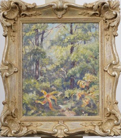 Vintage American Impressionist Gerahmte Landschaft Wald Innenraum Ölgemälde