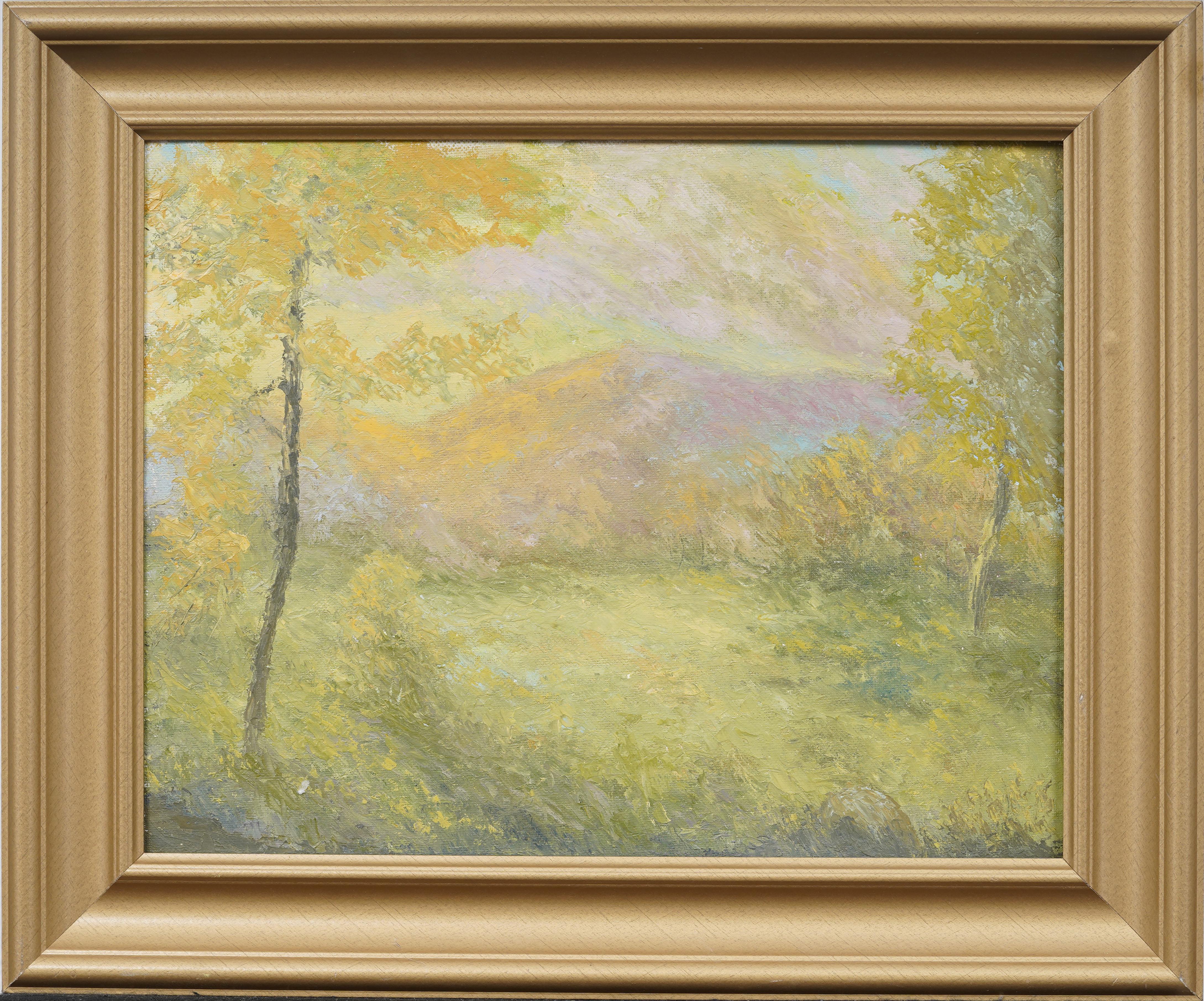 Vintage Impressionniste Américain Encadré Paysage de Montagne Original Peinture à l'Huile - Painting de Unknown