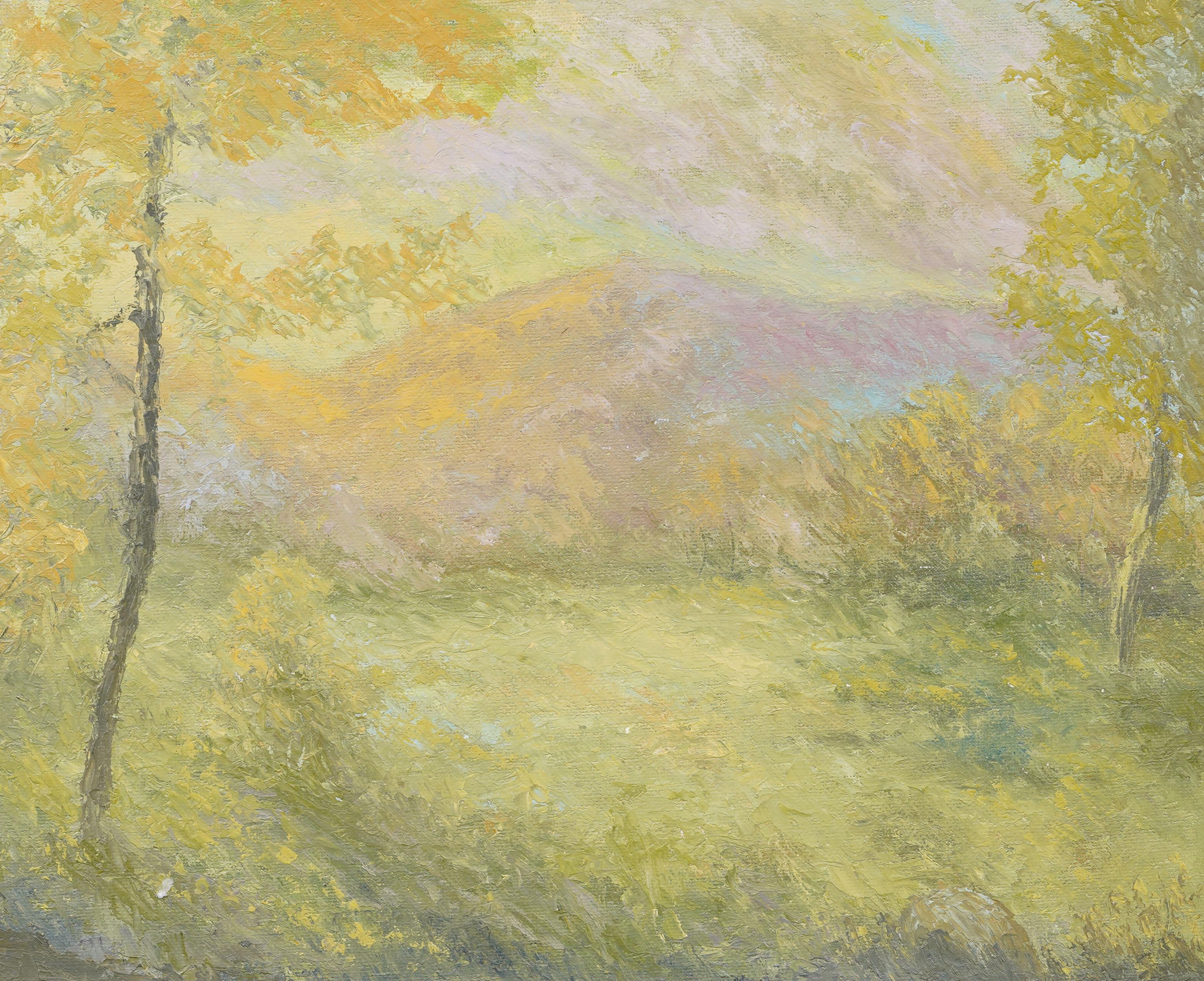 Vintage Impressionniste Américain Encadré Paysage de Montagne Original Peinture à l'Huile - Marron Landscape Painting par Unknown