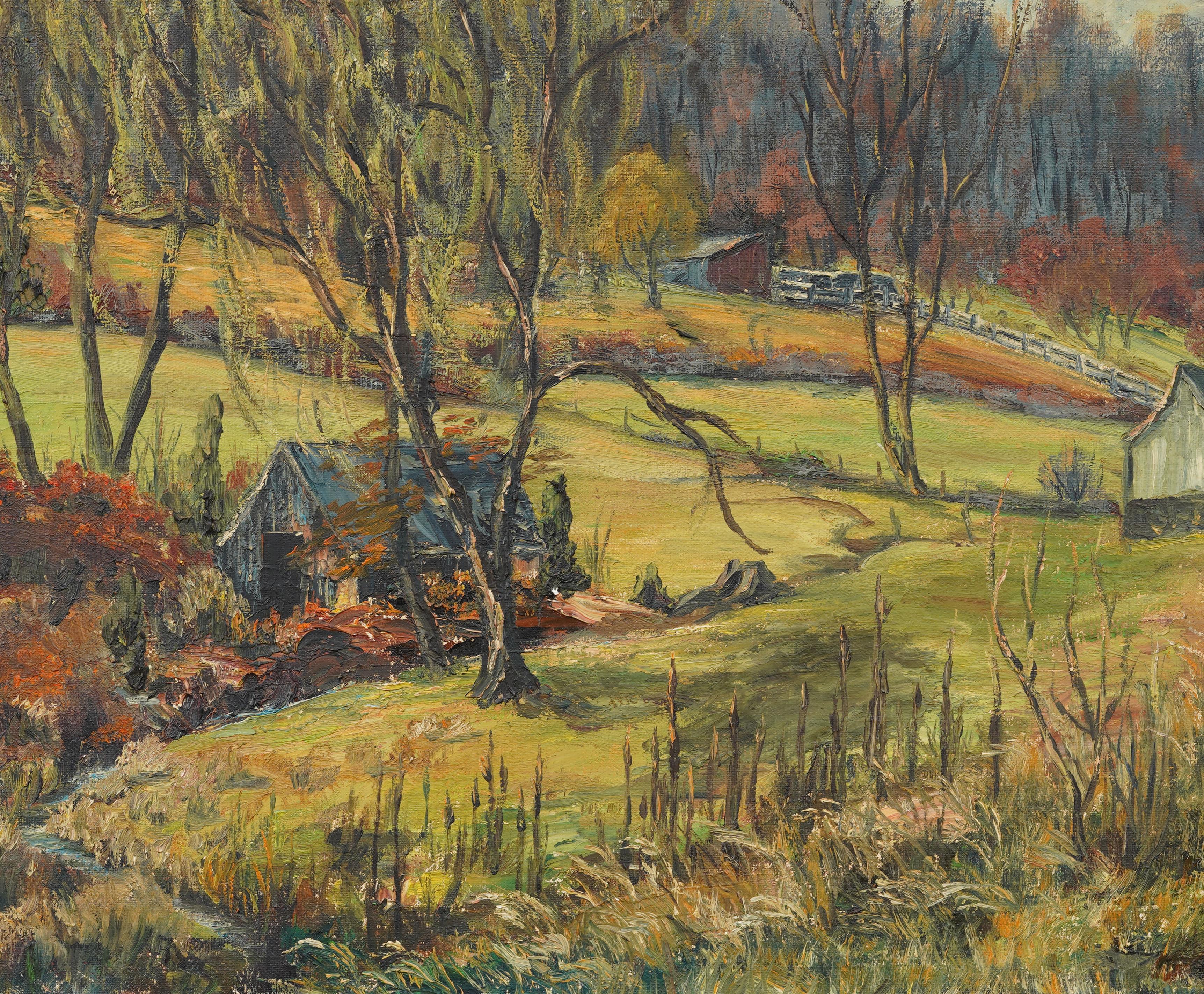 Vintage Impressionniste Américain encadré New England Farm Landscape Oil Painting en vente 1