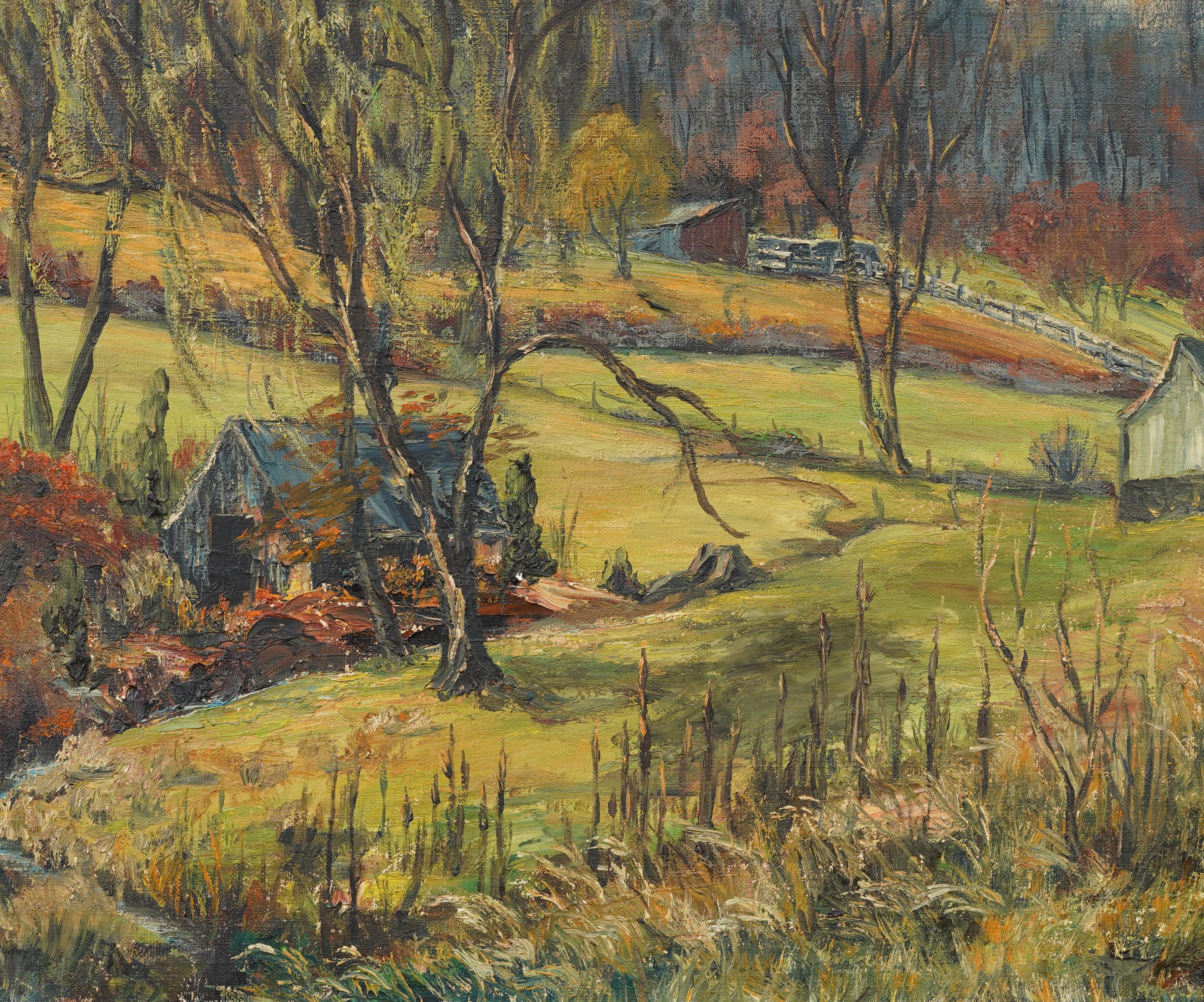 Vintage Impressionniste Américain encadré New England Farm Landscape Oil Painting en vente 2
