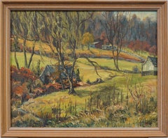 Vintage Impressionniste Américain encadré New England Farm Landscape Oil Painting