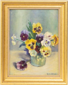 Vintage American Impressionist Framed Pansy Flower Still Life Oil Painting