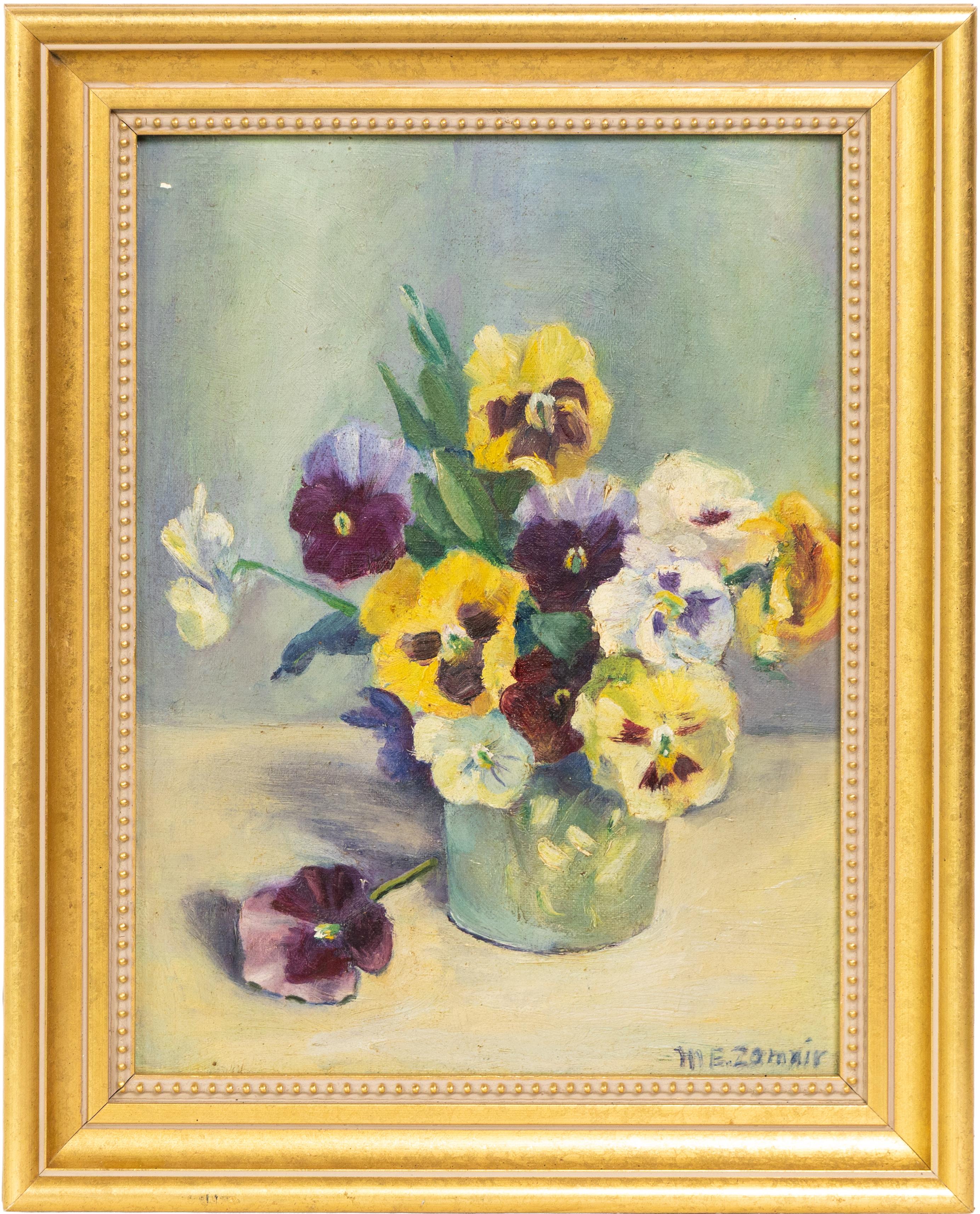 Unknown Still-Life Painting – Vintage American Impressionist gerahmt Stiefmütterchen Blume Stillleben Ölgemälde