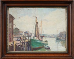 Vintage American Impressionist Framed Seascape Fishing Dock Scene Oil Painting